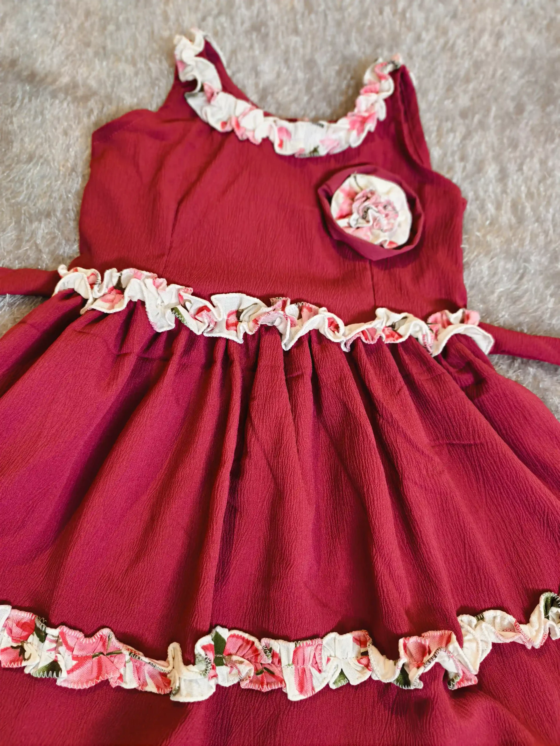 Wine Red Delta Fabric Kids Dress with Floral Ruffles – Nine2Five