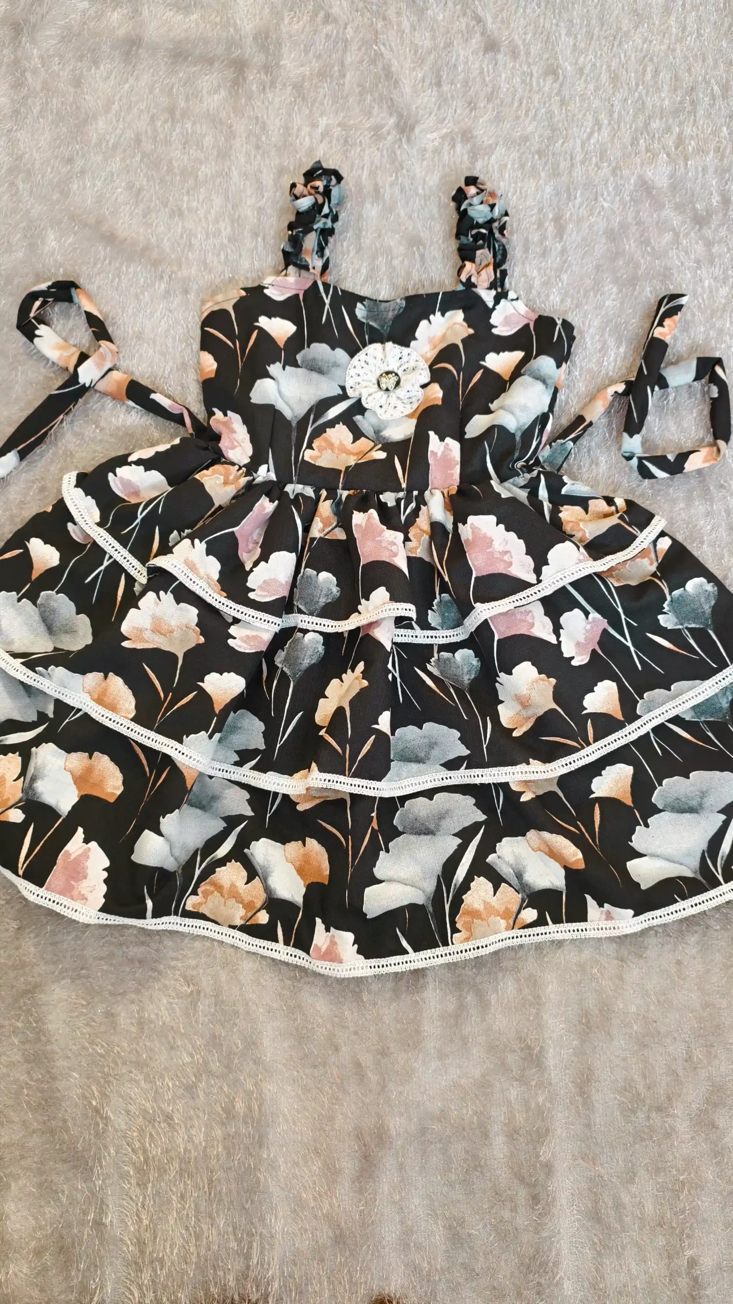 Black Floral Tiered Cotton Frock with Lace – Nine2Five Kids