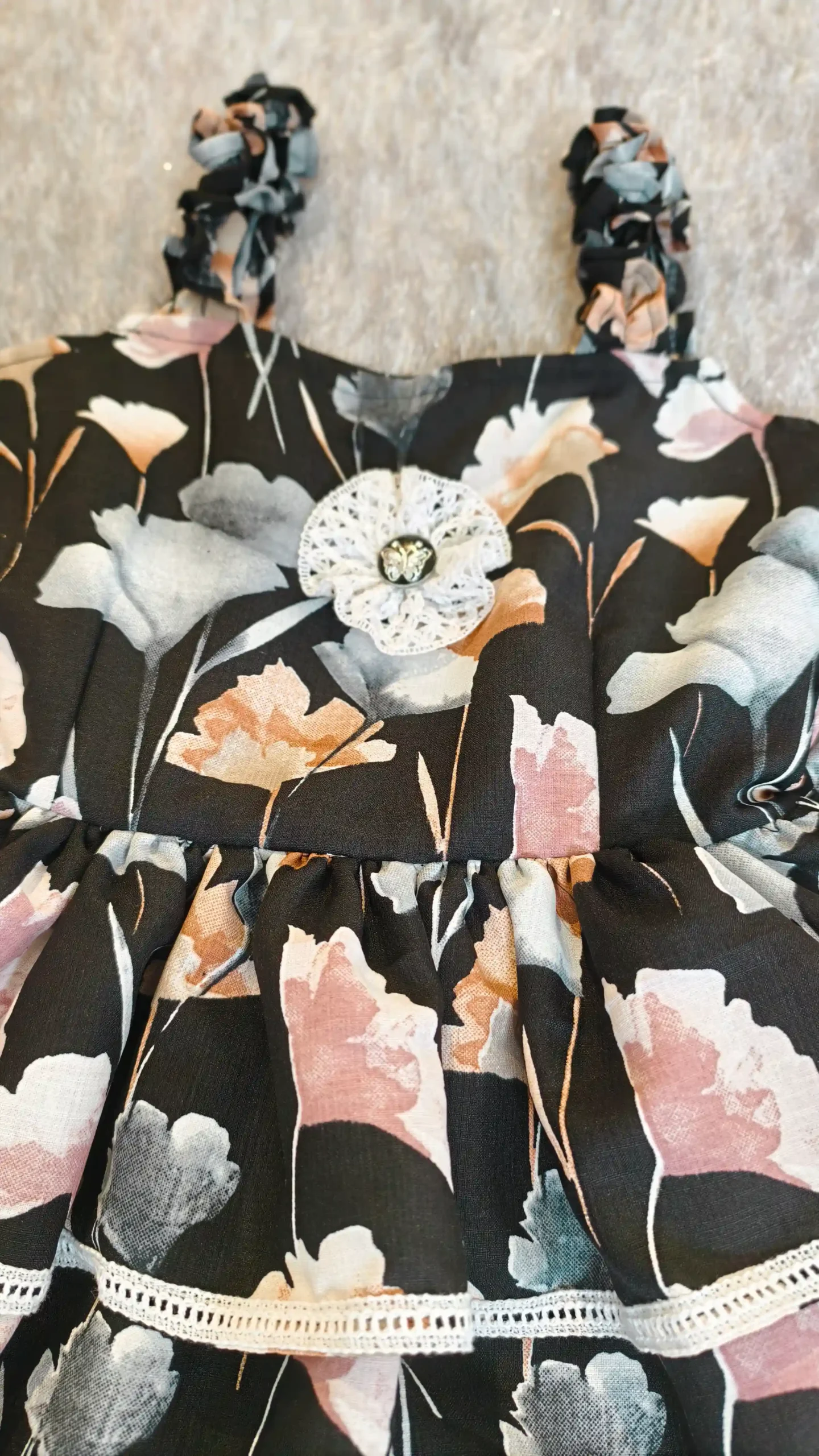 Black Floral Tiered Cotton Frock with Lace – Nine2Five Kids