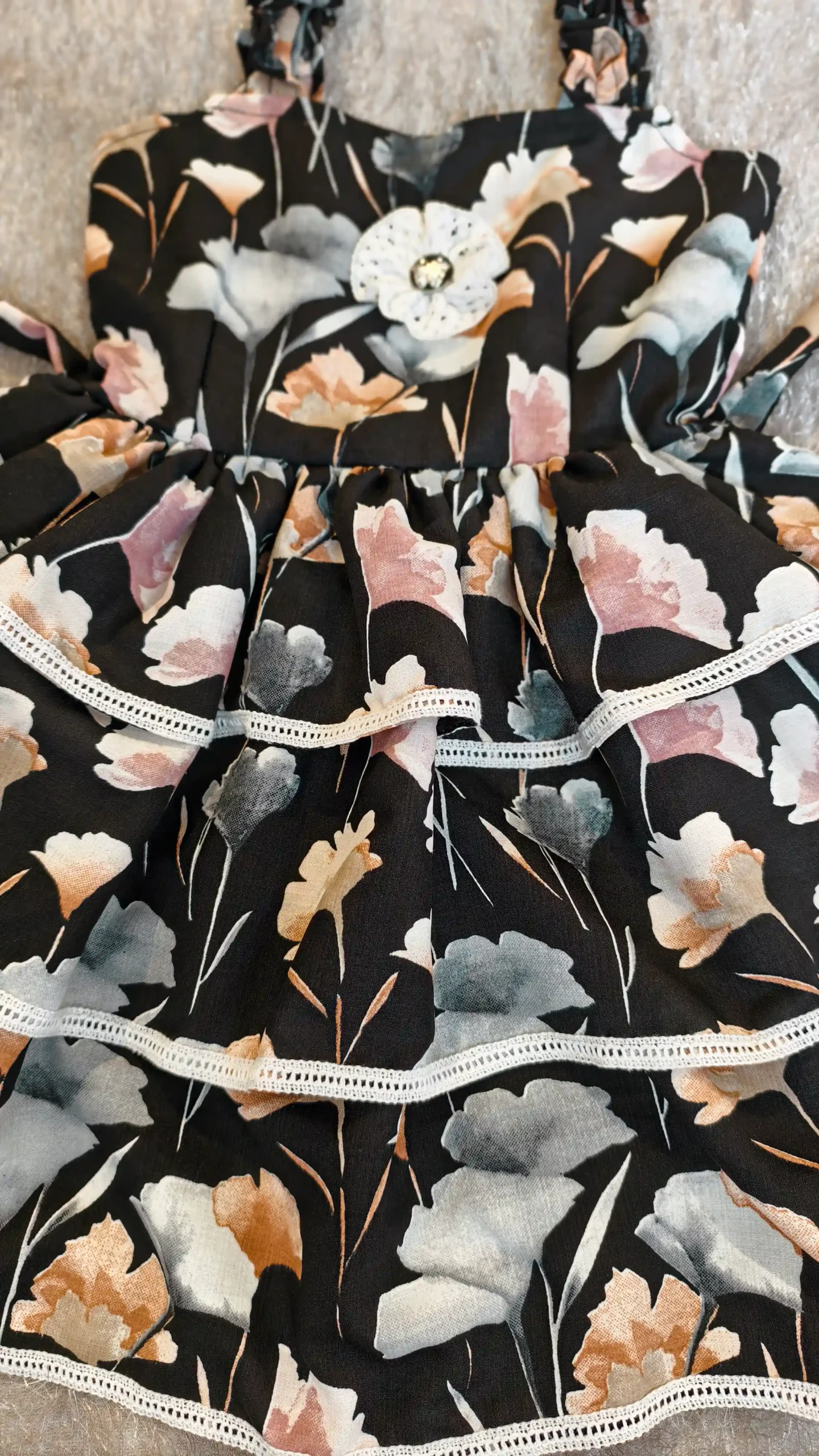 Black Floral Tiered Cotton Frock with Lace – Nine2Five Kids