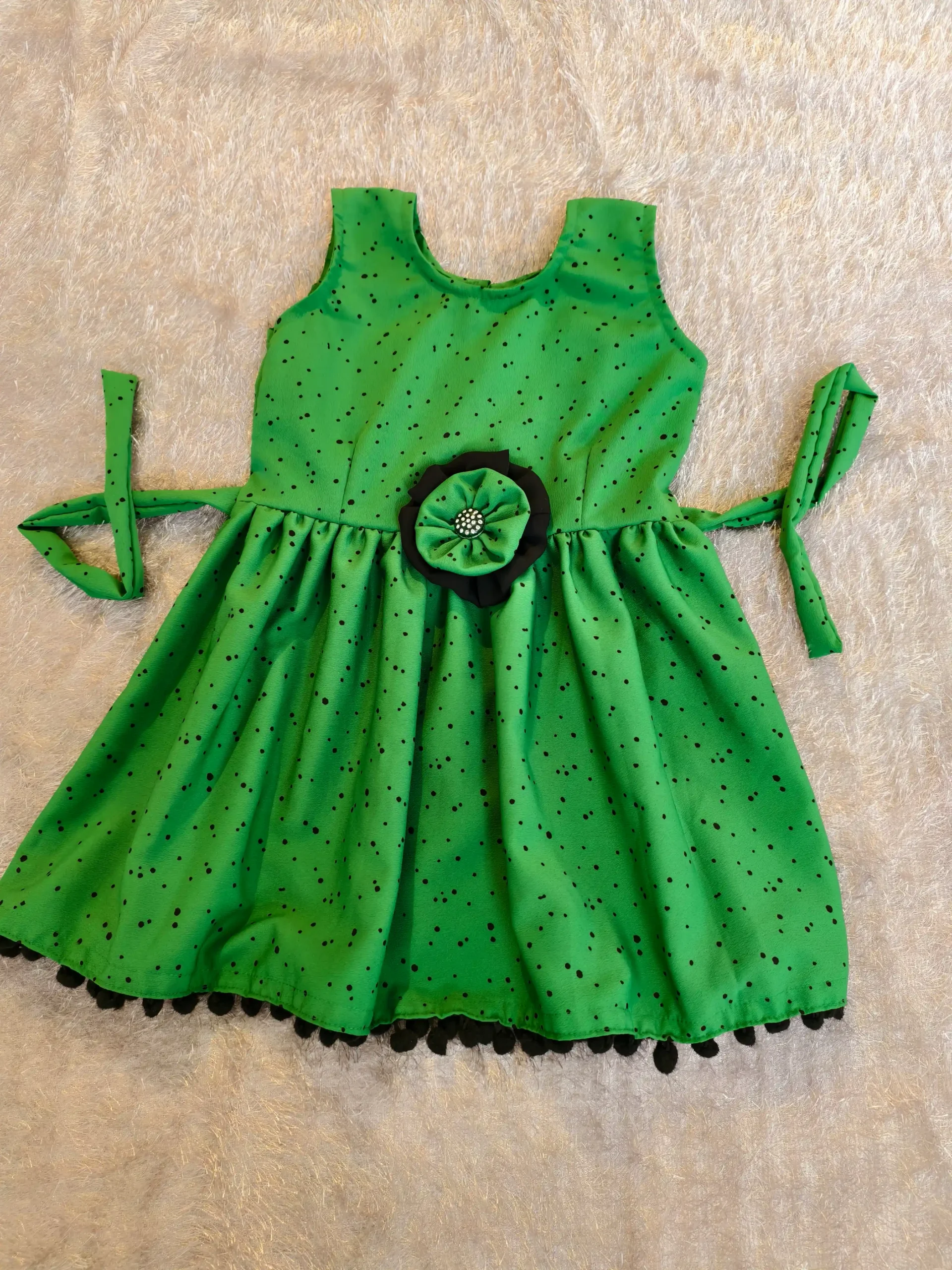 Green Polka Dot Crepe Frock with Handmade Flower – Nine2Five Kids