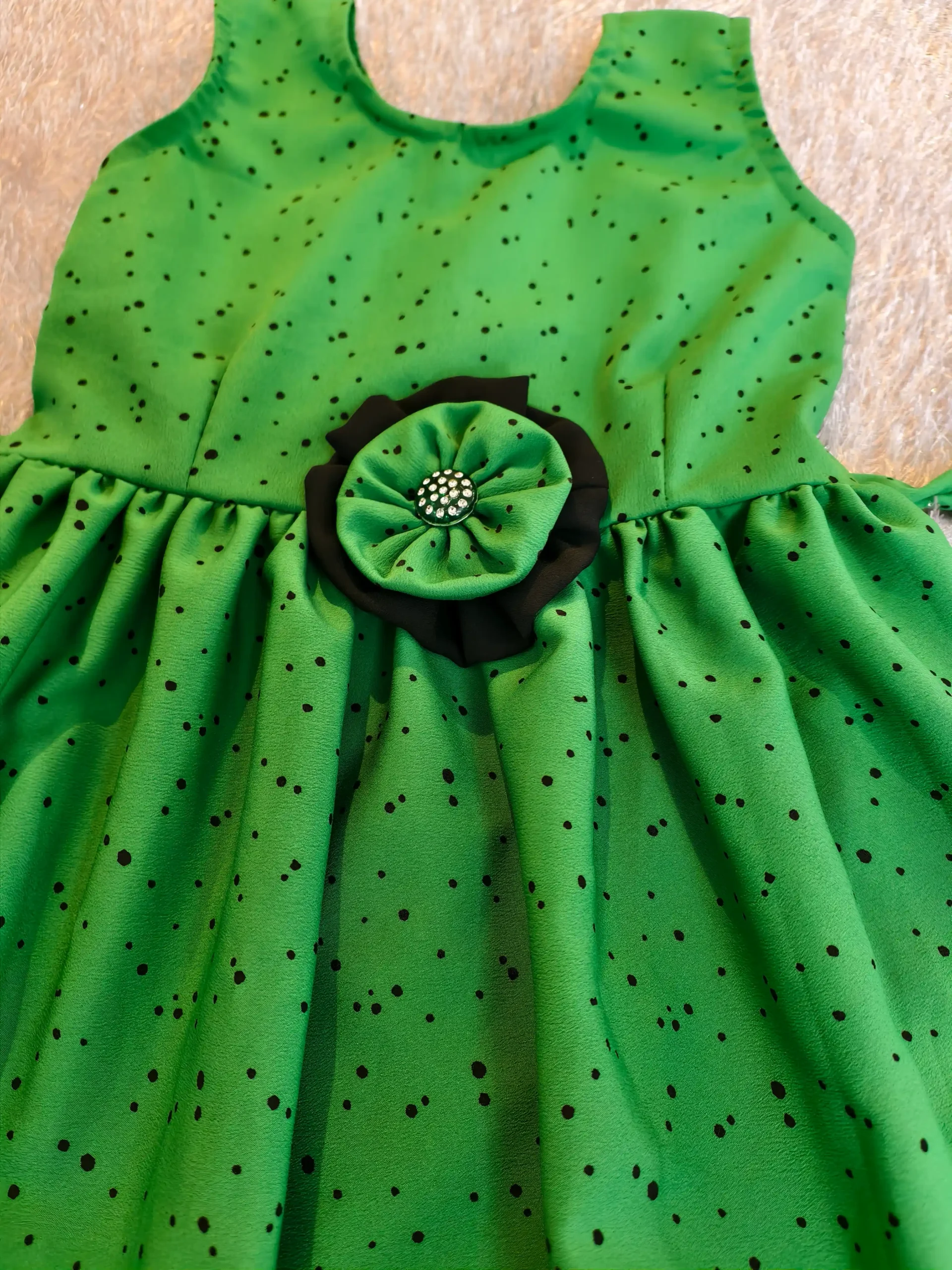 Green Polka Dot Crepe Frock with Handmade Flower – Nine2Five Kids