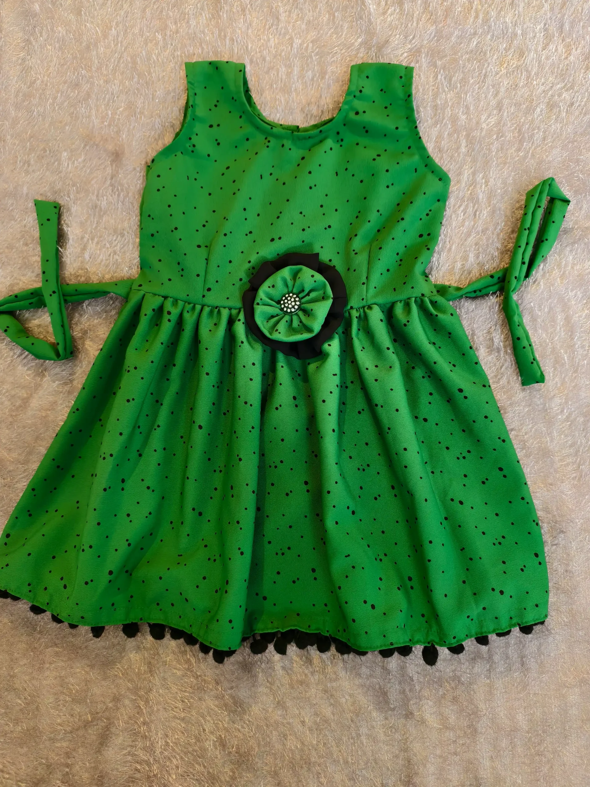 Green Polka Dot Crepe Frock with Handmade Flower – Nine2Five Kids
