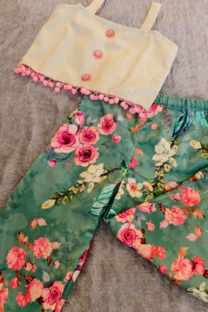 Cream Cotton Top with Green Floral Velvet Bottom – Nine2Five Kids
