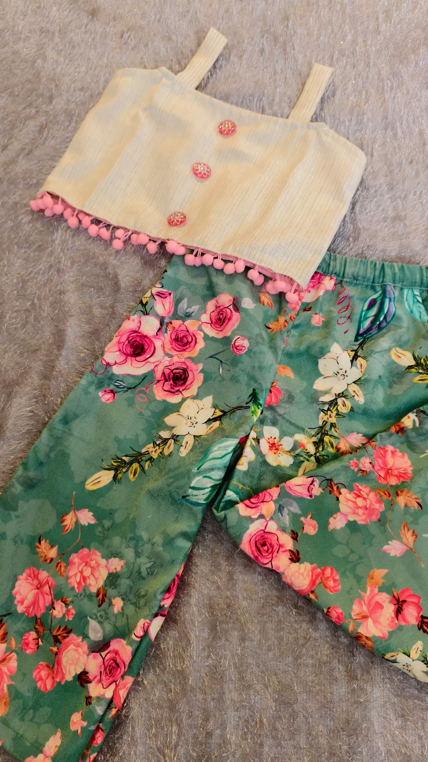 Cream Cotton Top with Green Floral Velvet Bottom – Nine2Five Kids