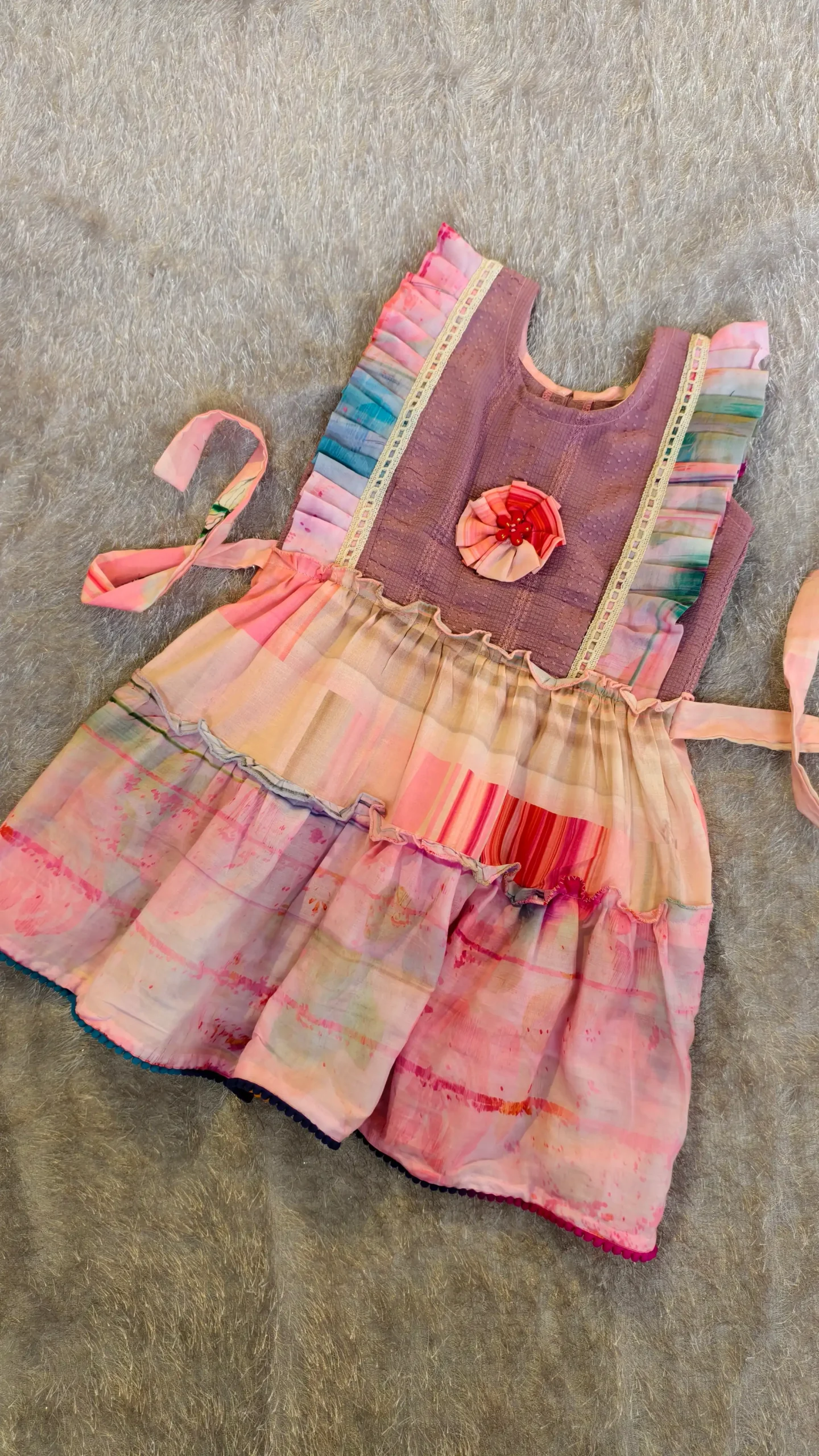 Multicolor Cotton Frock with Pleated Ruffles – Nine2Five Kids