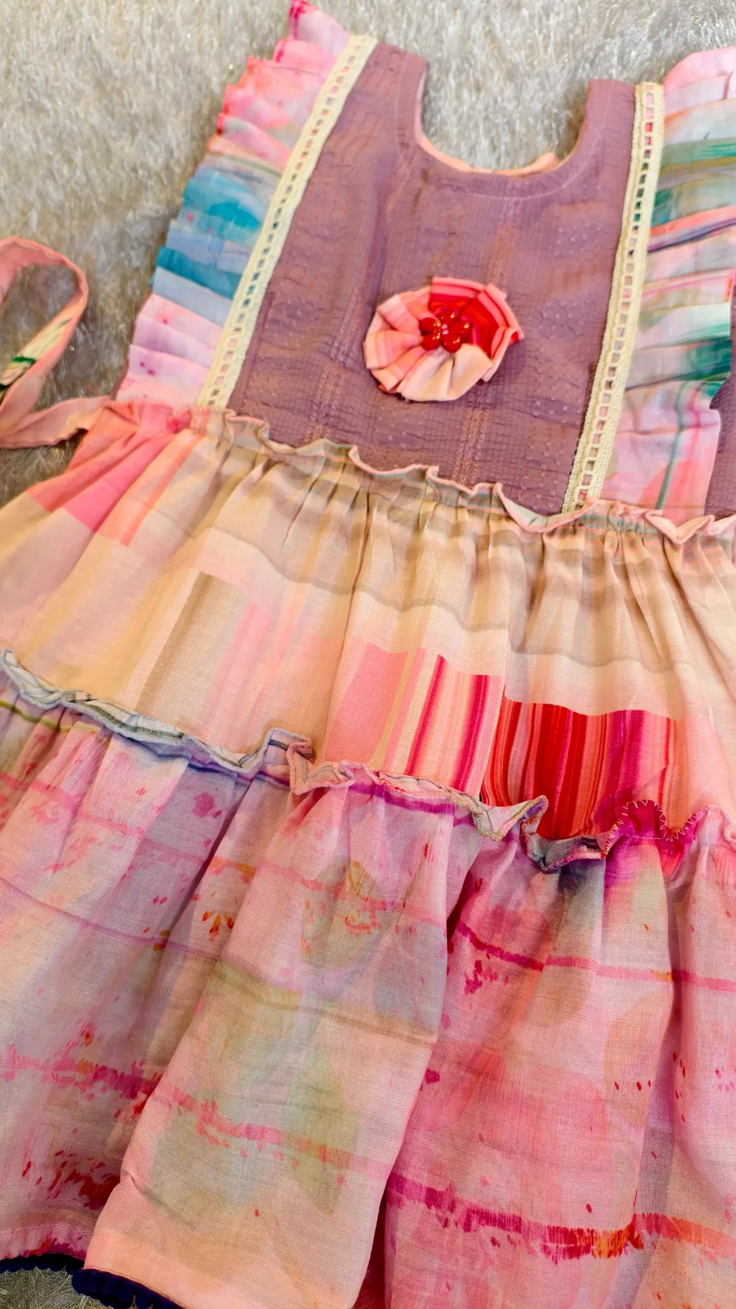 Multicolor Cotton Frock with Pleated Ruffles – Nine2Five Kids