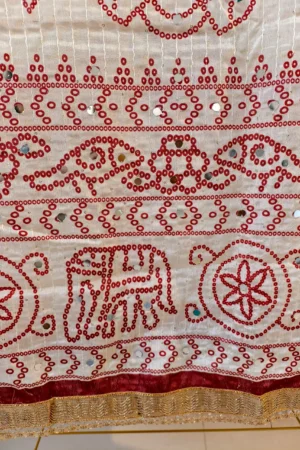 Beige Chinnon Dupatta with Red Print and Mirror Work