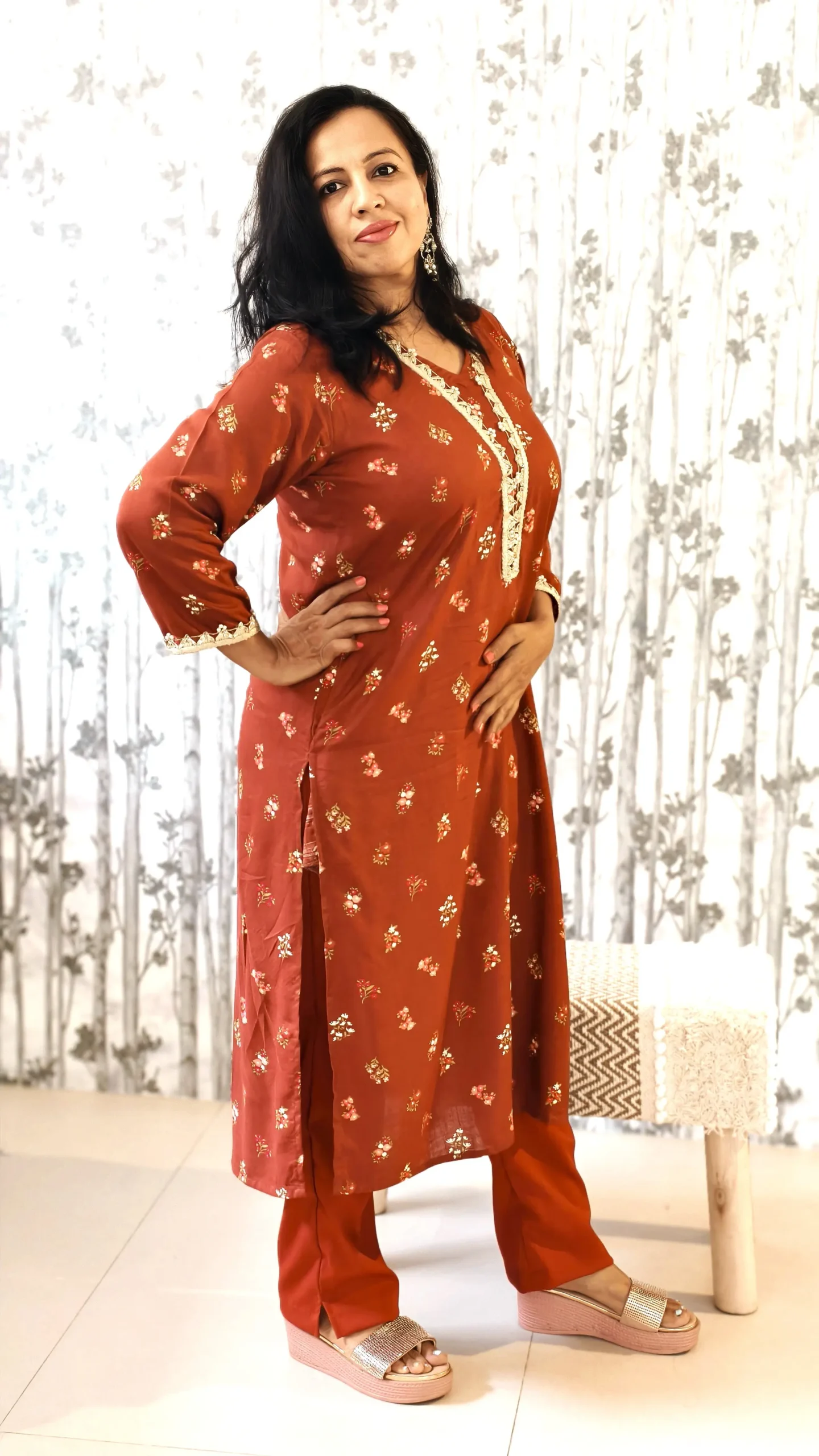 Nine2Five Rust Ethnic Co-ord Set with Lace Detail