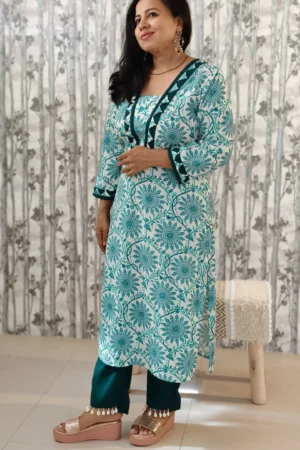 Nine2Five Teal Print Kurti Pant Set with Appliqué & Kaudi Detailing