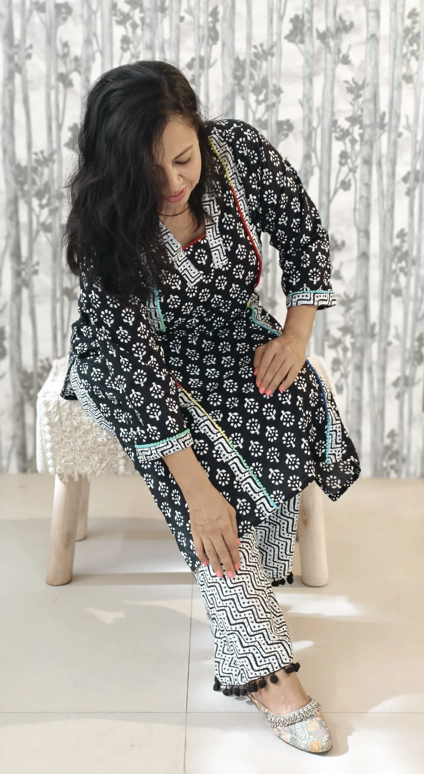 Nine2Five Black & White Handblock Cotton Kurti Pant Set