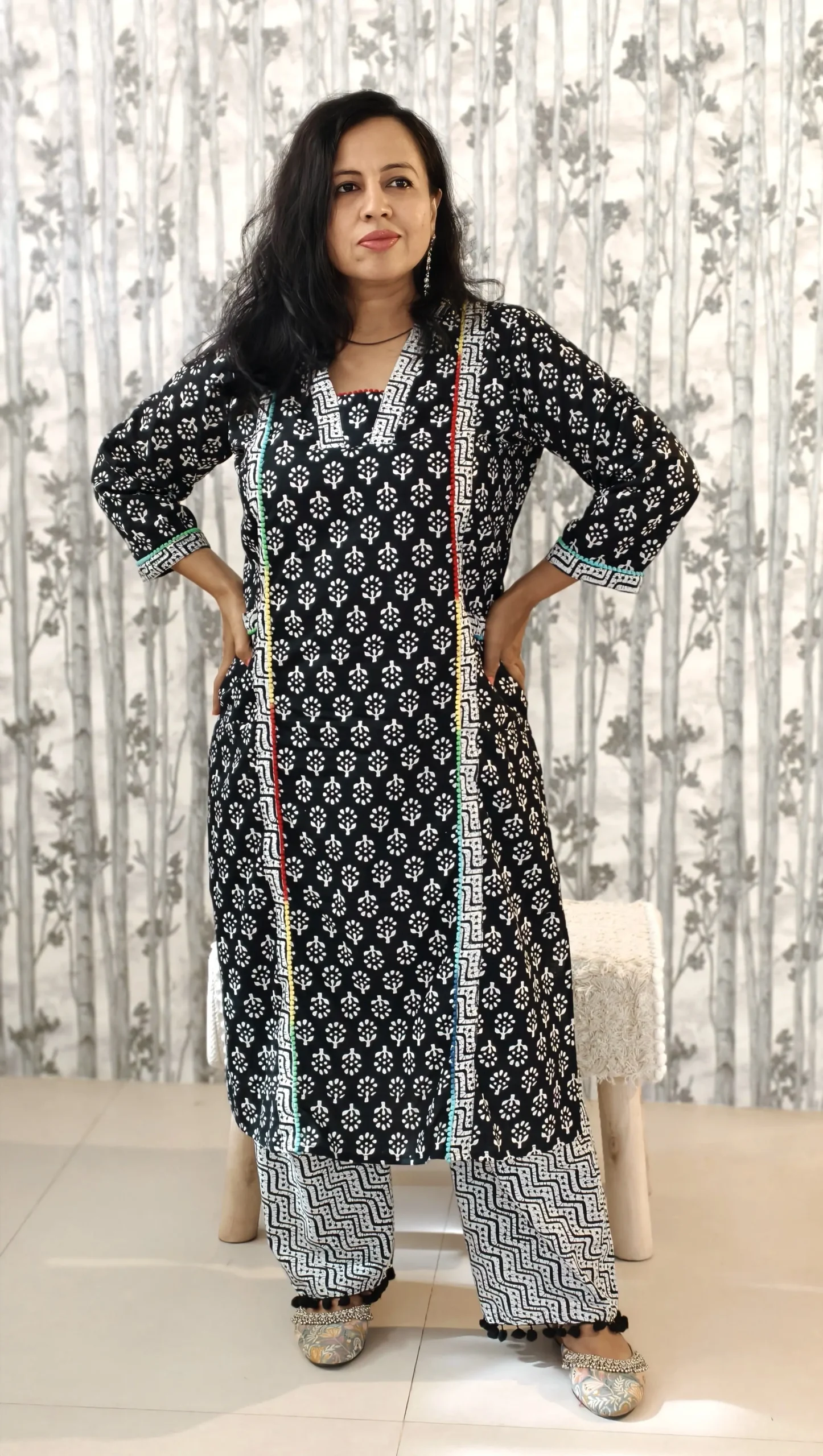 Nine2Five Black & White Handblock Cotton Kurti Pant Set