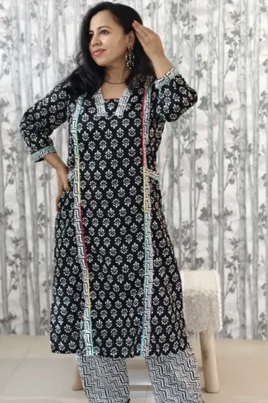Nine2Five Black & White Handblock Cotton Kurti Pant Set