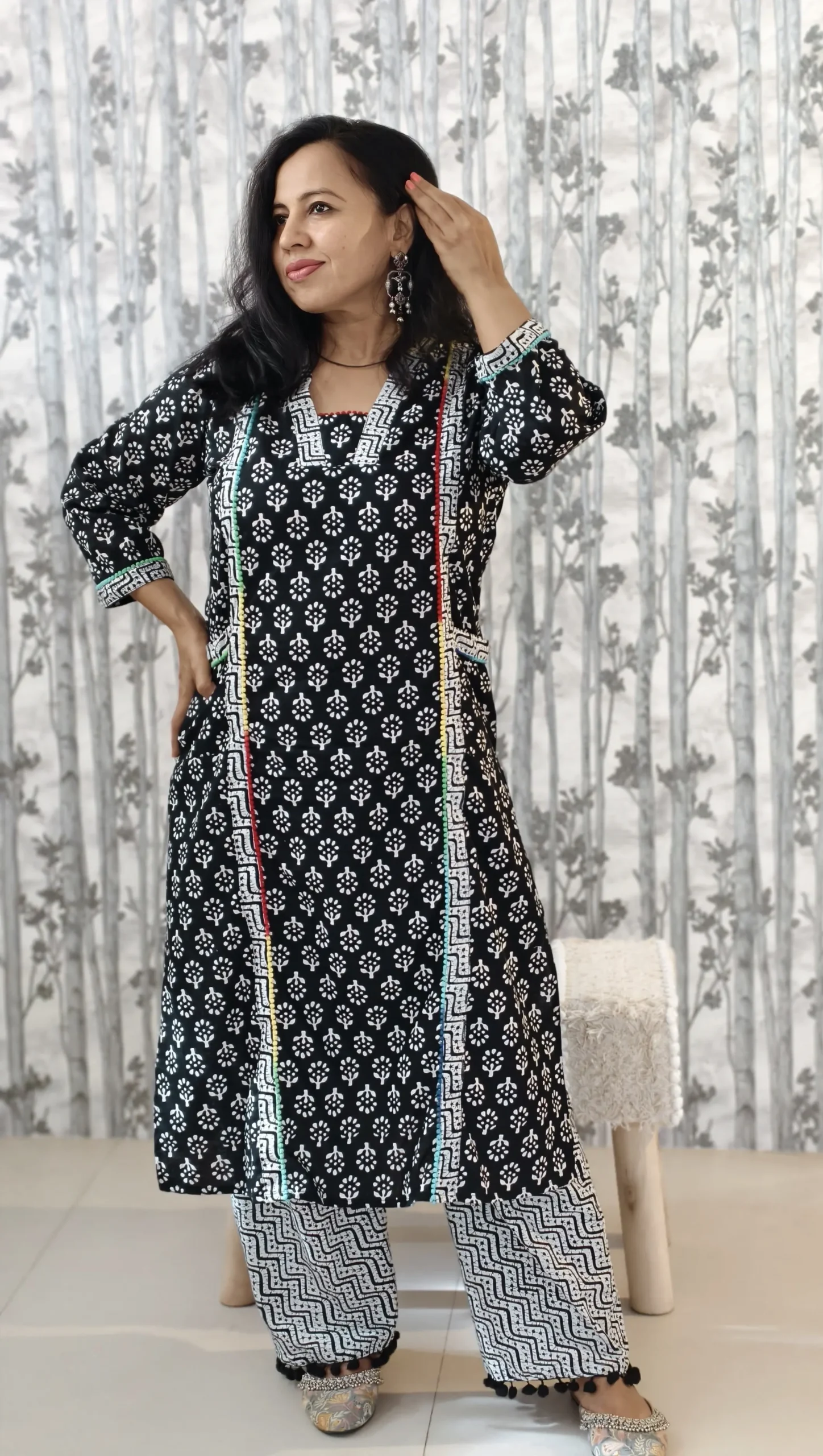 Nine2Five Black & White Handblock Cotton Kurti Pant Set