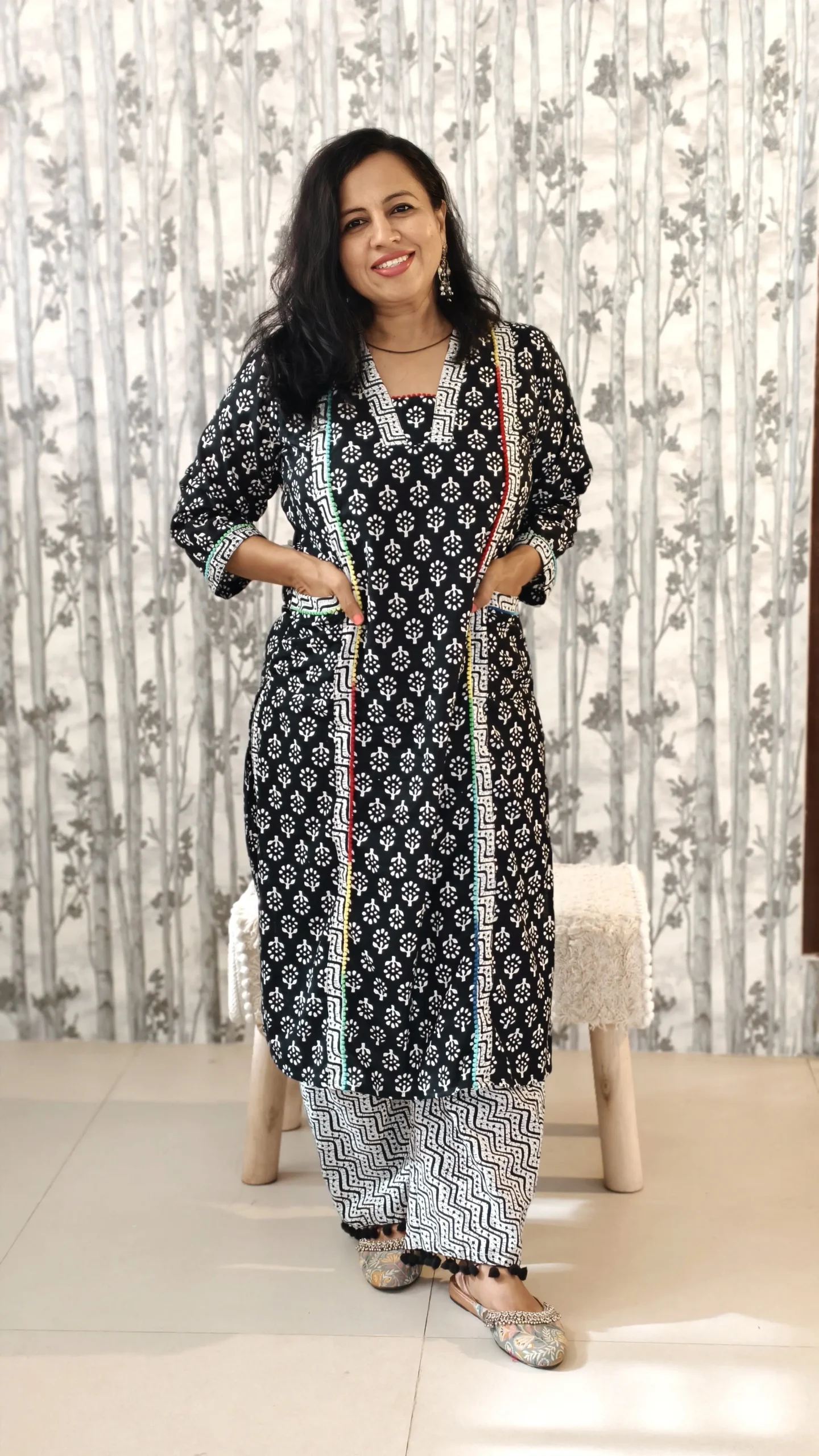 Nine2Five Black & White Handblock Cotton Kurti Pant Set