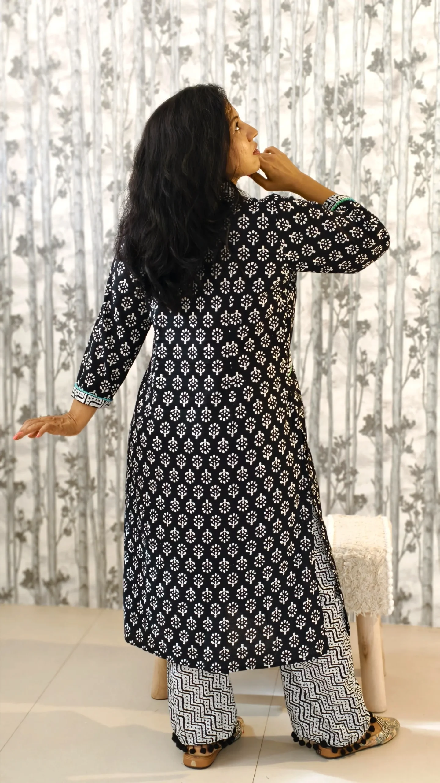 Nine2Five Black & White Handblock Cotton Kurti Pant Set