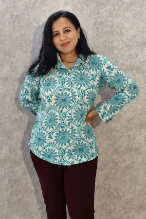Nine2Five Teal Floral Print Slub Cotton Shirt