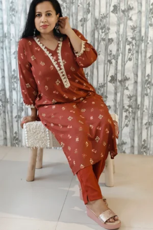 Nine2Five Rust Ethnic Co-ord Set with Lace Detail
