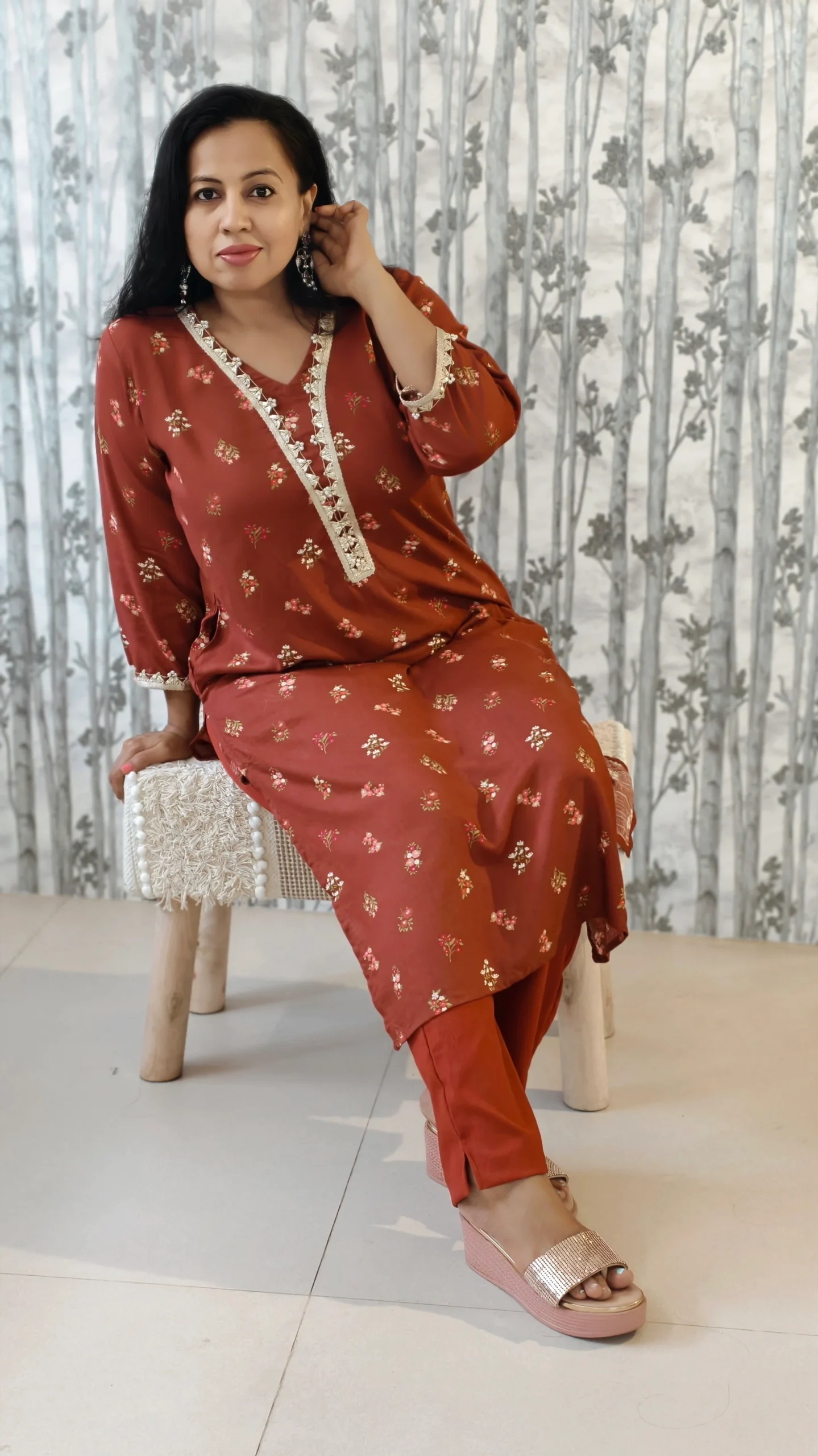 Nine2Five Rust Ethnic Co-ord Set with Lace Detail