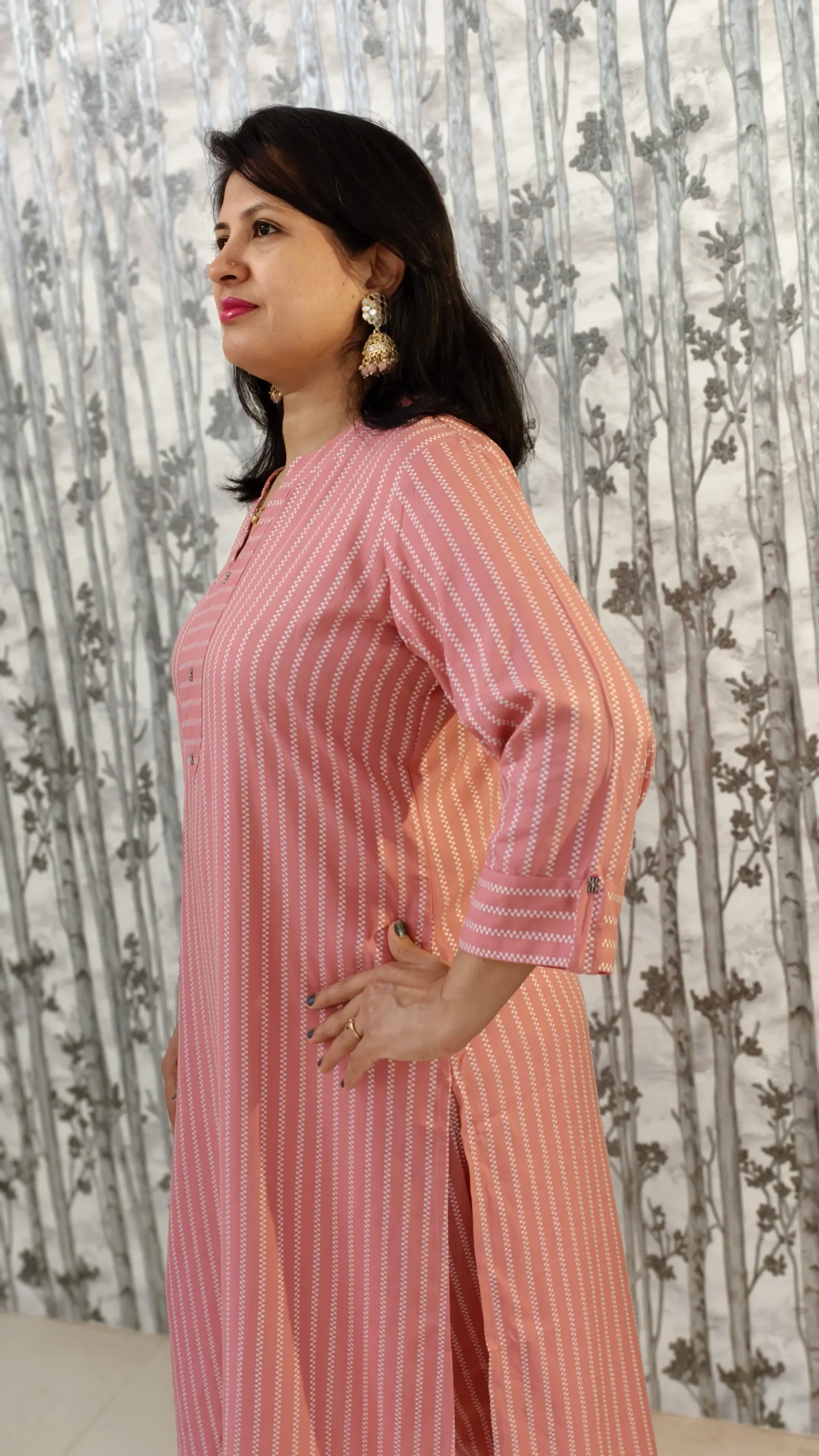Blush Pink Tip Top Rayon Kurti Pant Set with Kaudi Hem & Metal Accents