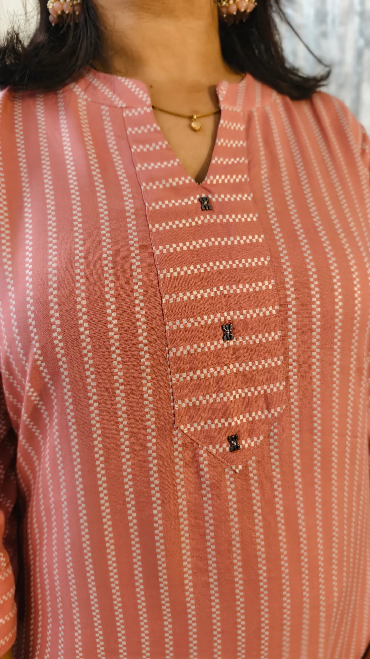 Blush Pink Tip Top Rayon Kurti Pant Set with Kaudi Hem & Metal Accents