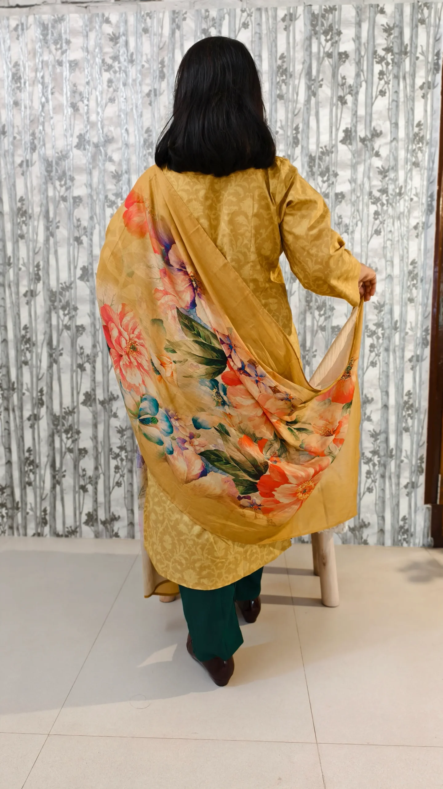 Mustard Muslin Kurti Dupatta Set with Placement Print & Delta Pants – 3 Piece Set