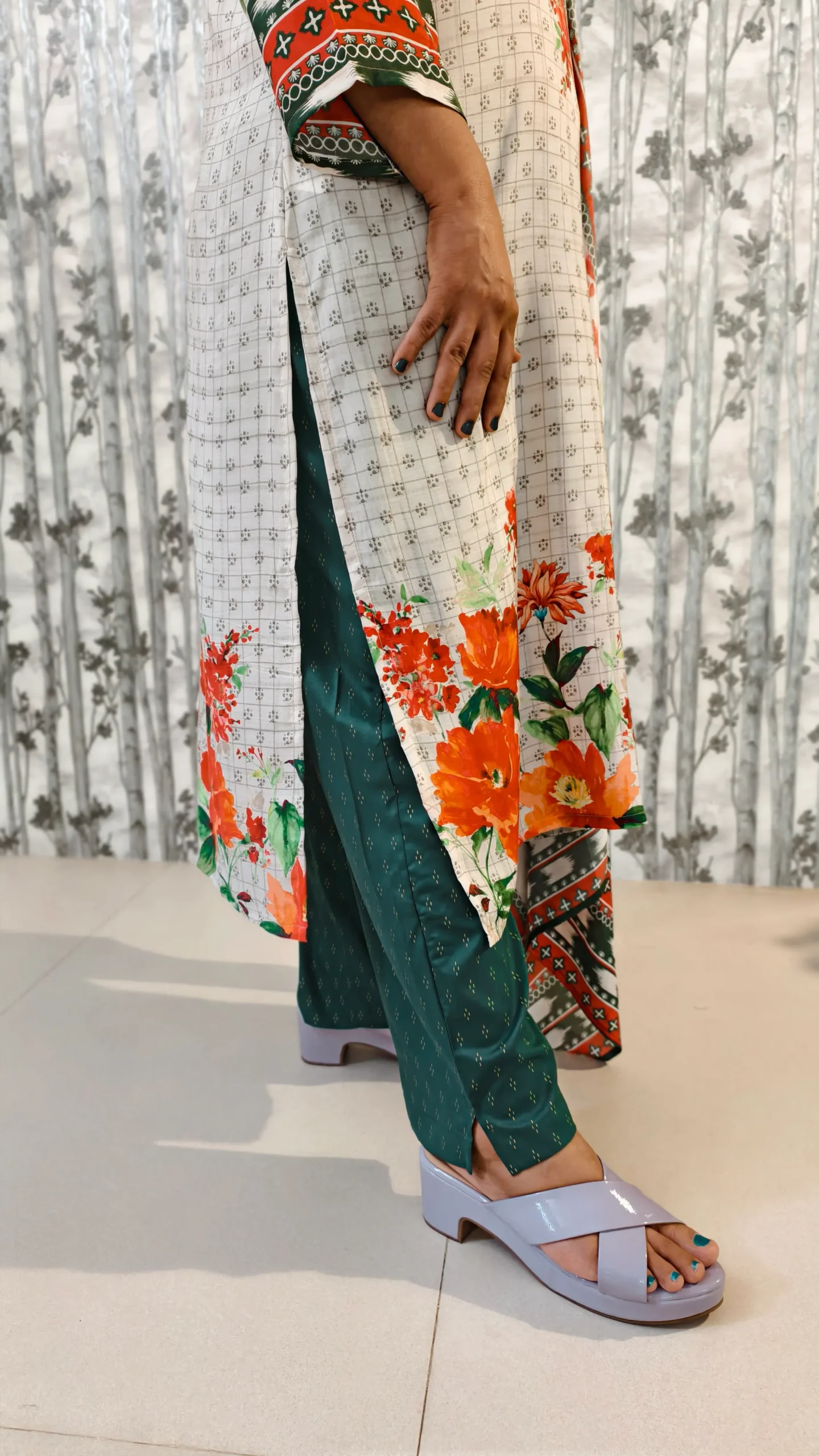 Floral Placement Print Kurta Pant Dupatta Set – Soft Cotton Blend (3-Piece)