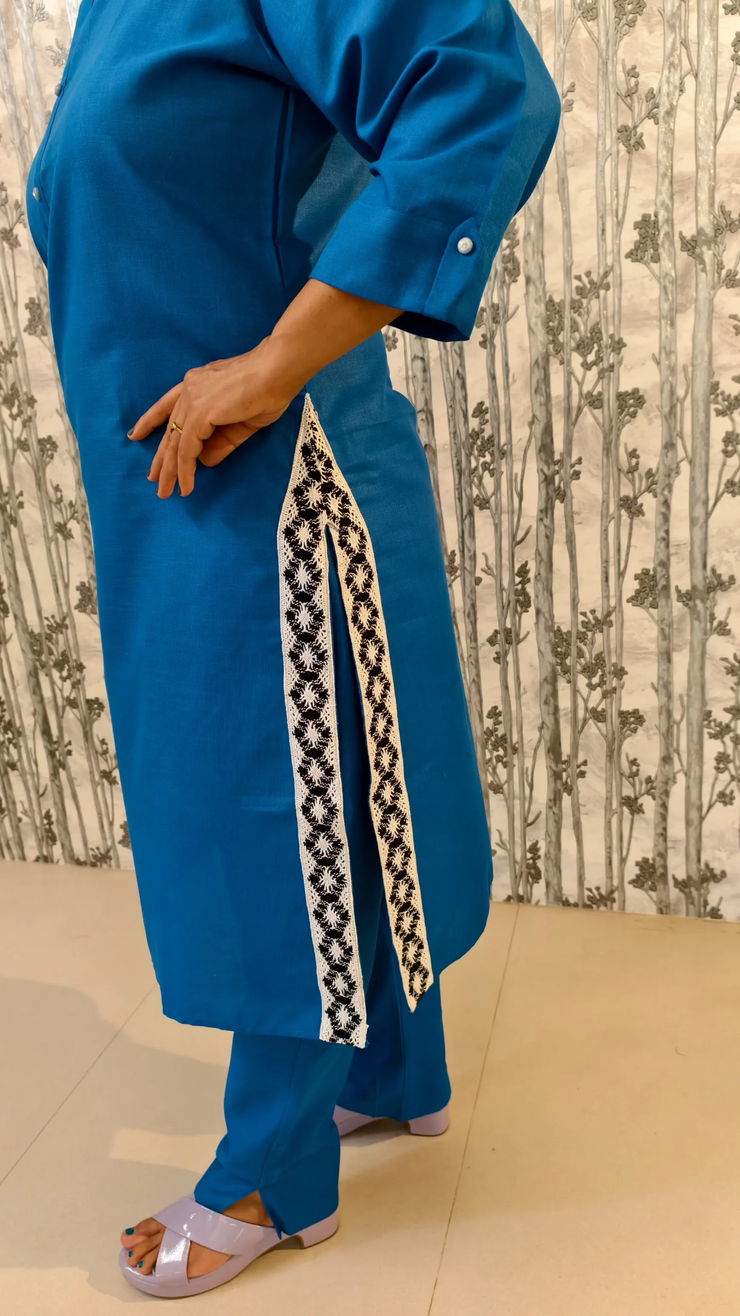 Royal Blue Cotton Kurti Pant Co-ord Set with Lace Detailing