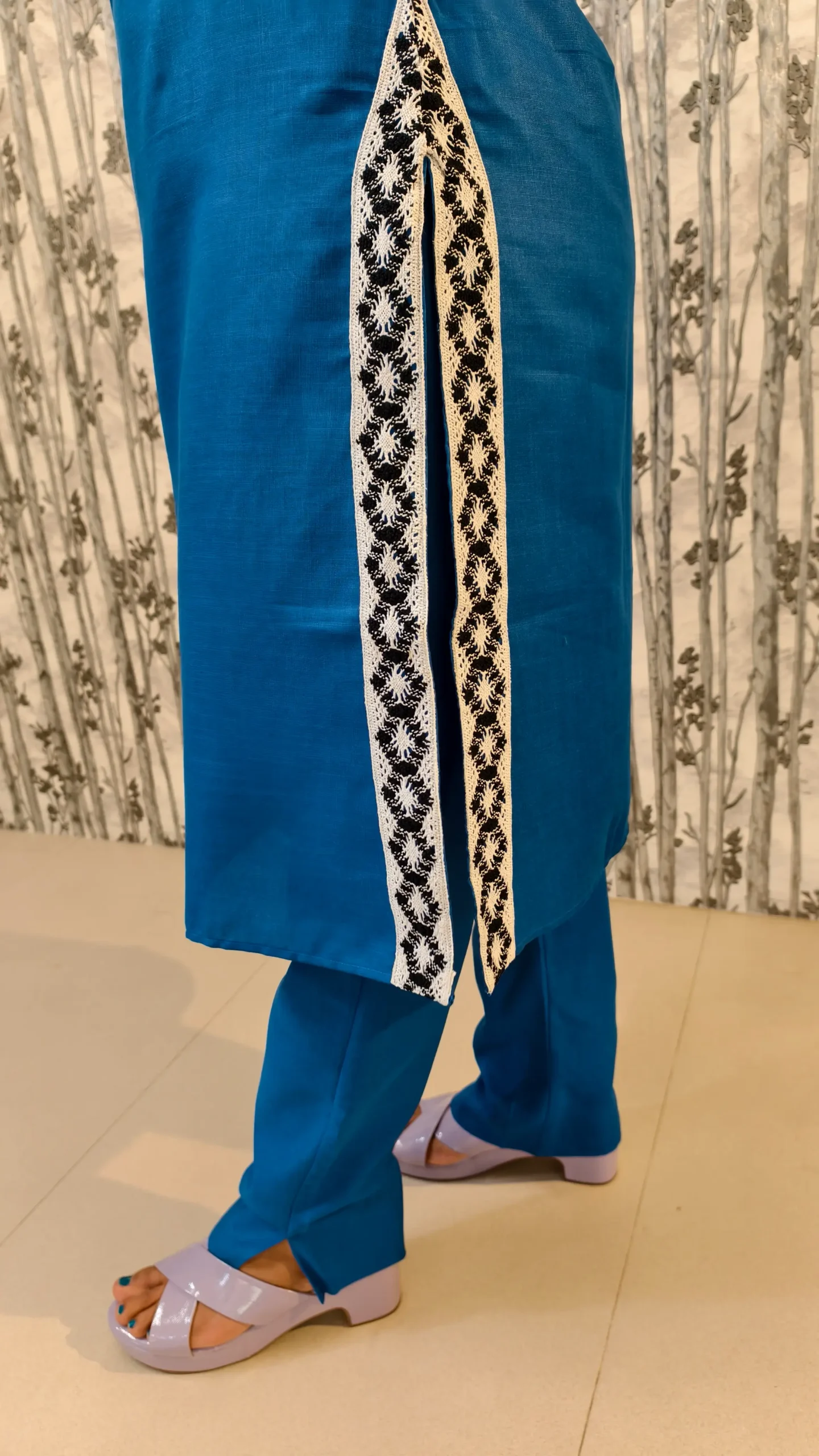 Royal Blue Cotton Kurti Pant Co-ord Set with Lace Detailing