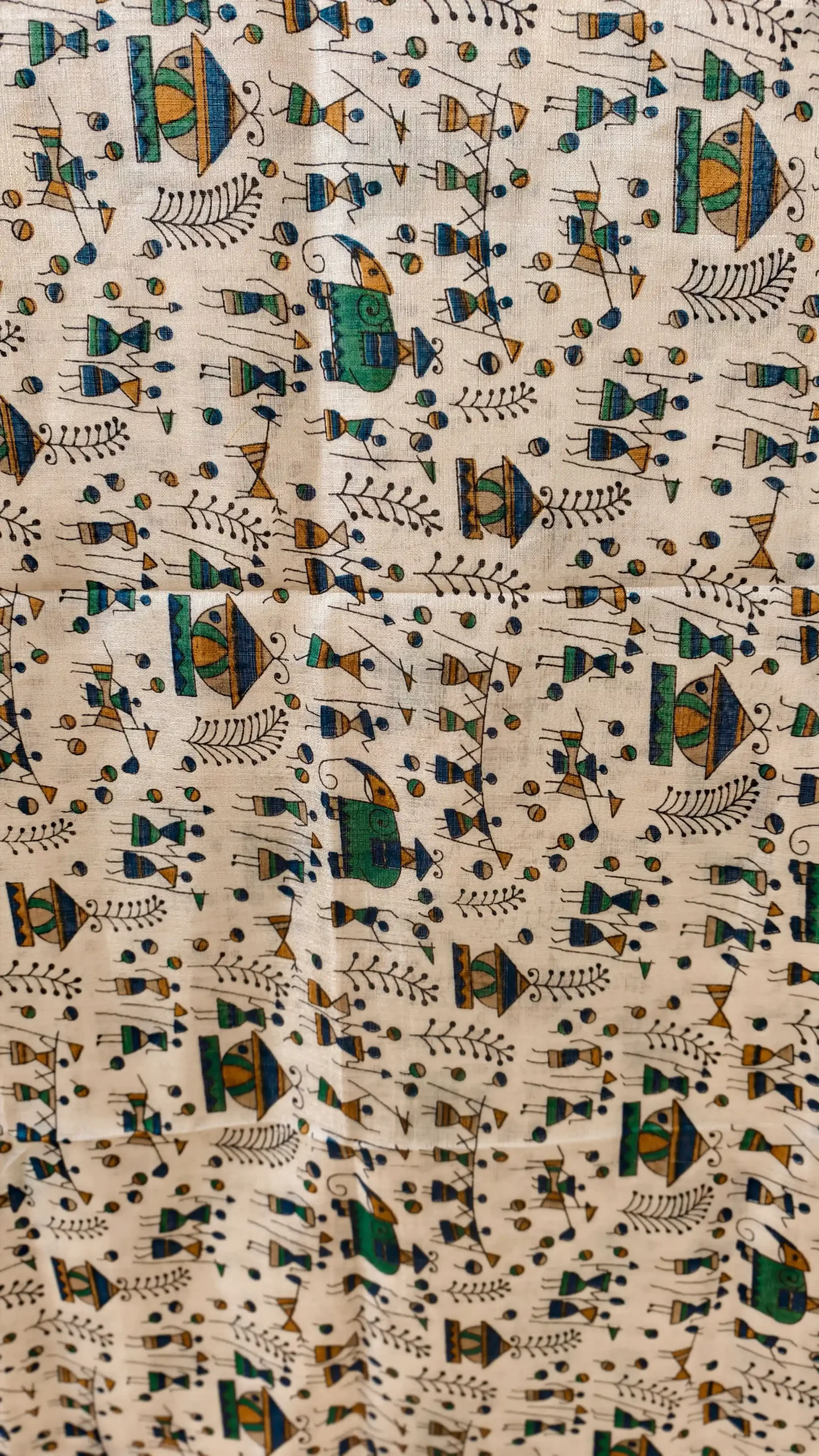 Traditional Kalamkari Art Silk Dupatta – Blue & Mustard Festive Motifs