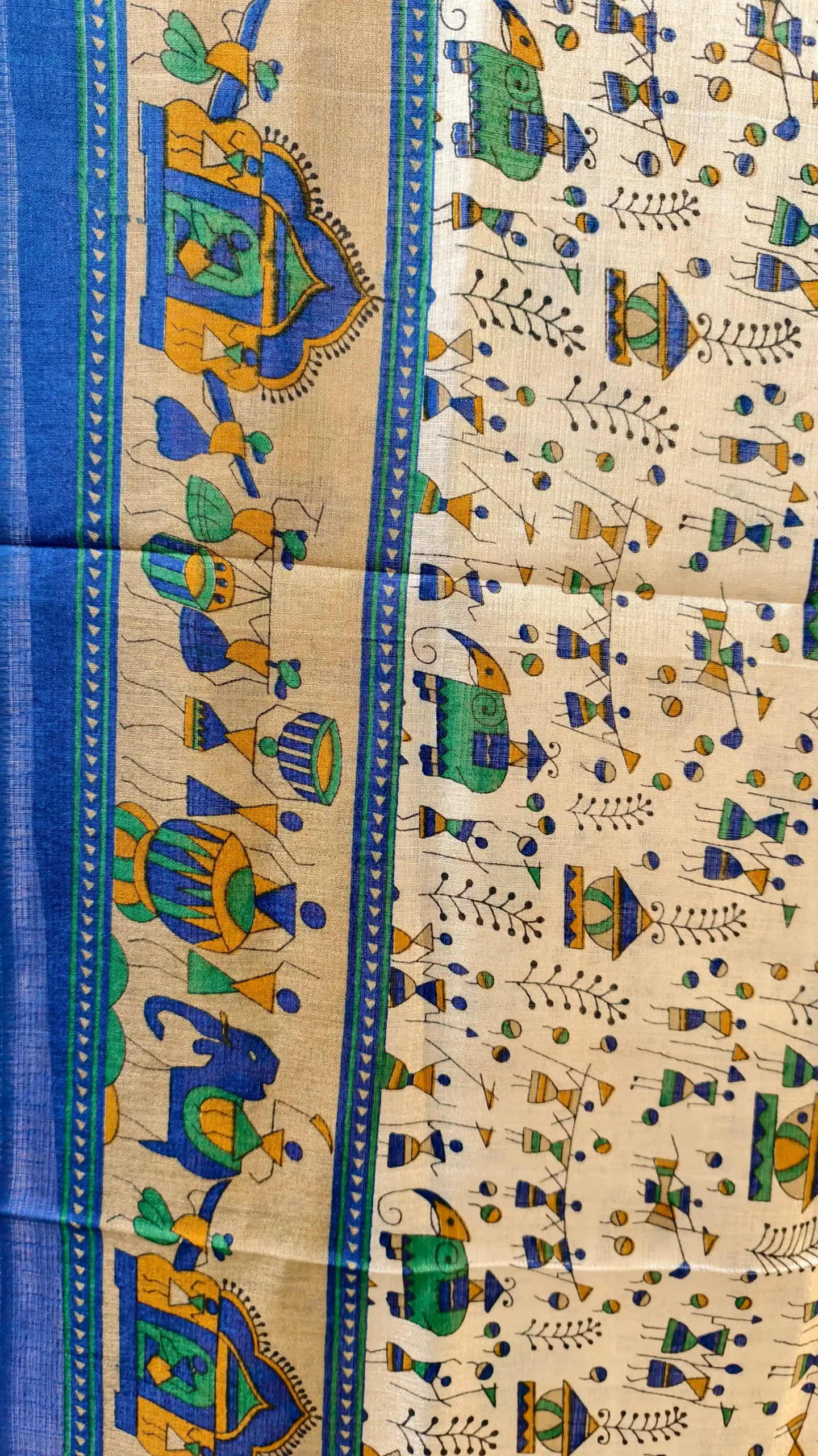 Traditional Kalamkari Art Silk Dupatta – Blue & Mustard Festive Motifs