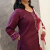 Wine Cotton Kurti Pant Set with Ikat Appliqué & Mul Shibori Dupatta – 3 Piece Set