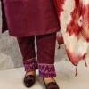 Wine Cotton Kurti Pant Set with Ikat Appliqué & Mul Shibori Dupatta – 3 Piece Set