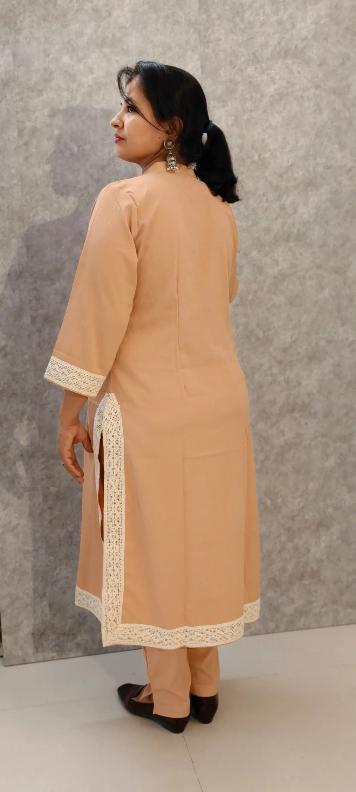 Peach Delta Kurti Pant Set with GPO Lace – Elegant Everyday Ethnic Wear
