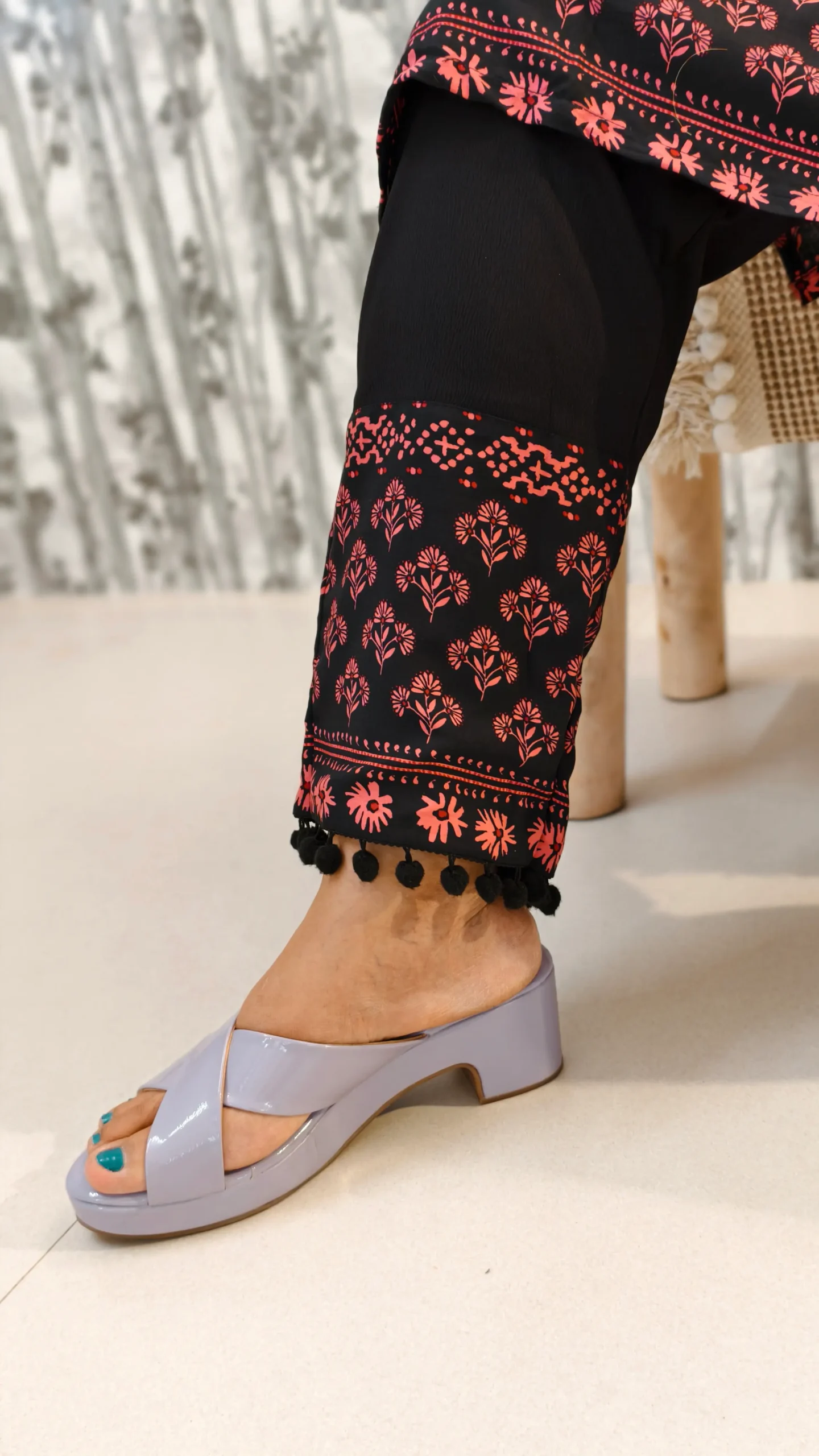 Black Rayon Kurti Pant Set with Border Print & Pom Pom Hem