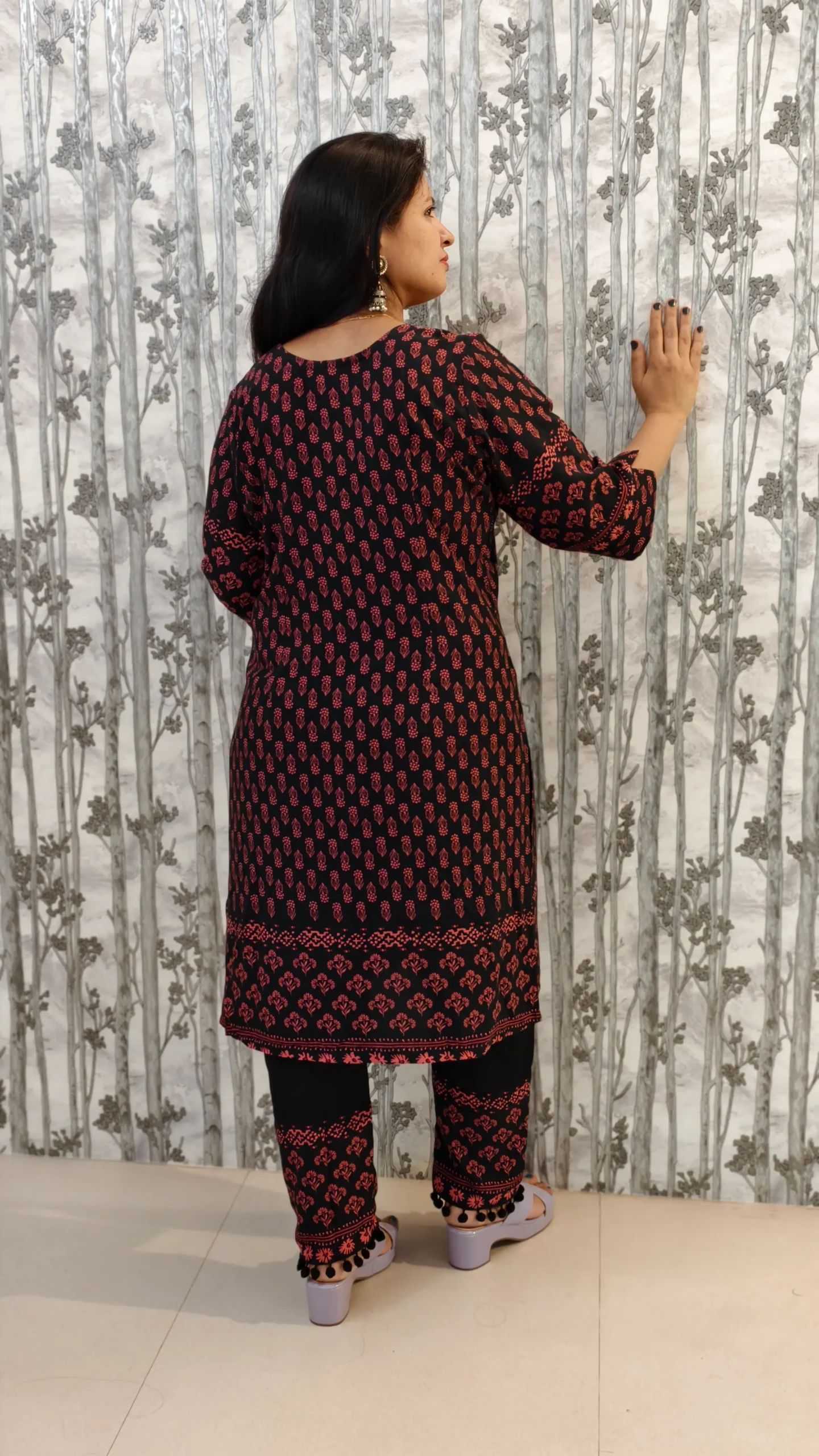 Black Rayon Kurti Pant Set with Border Print & Pom Pom Hem