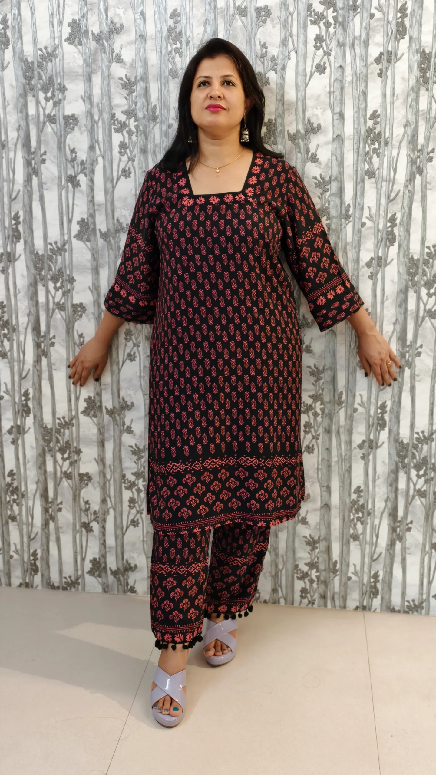Black Rayon Co-ord Set with Border Accents & Pom Pom Hem