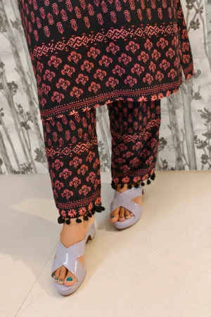 Black Rayon Co-ord Set with Border Accents & Pom Pom Hem