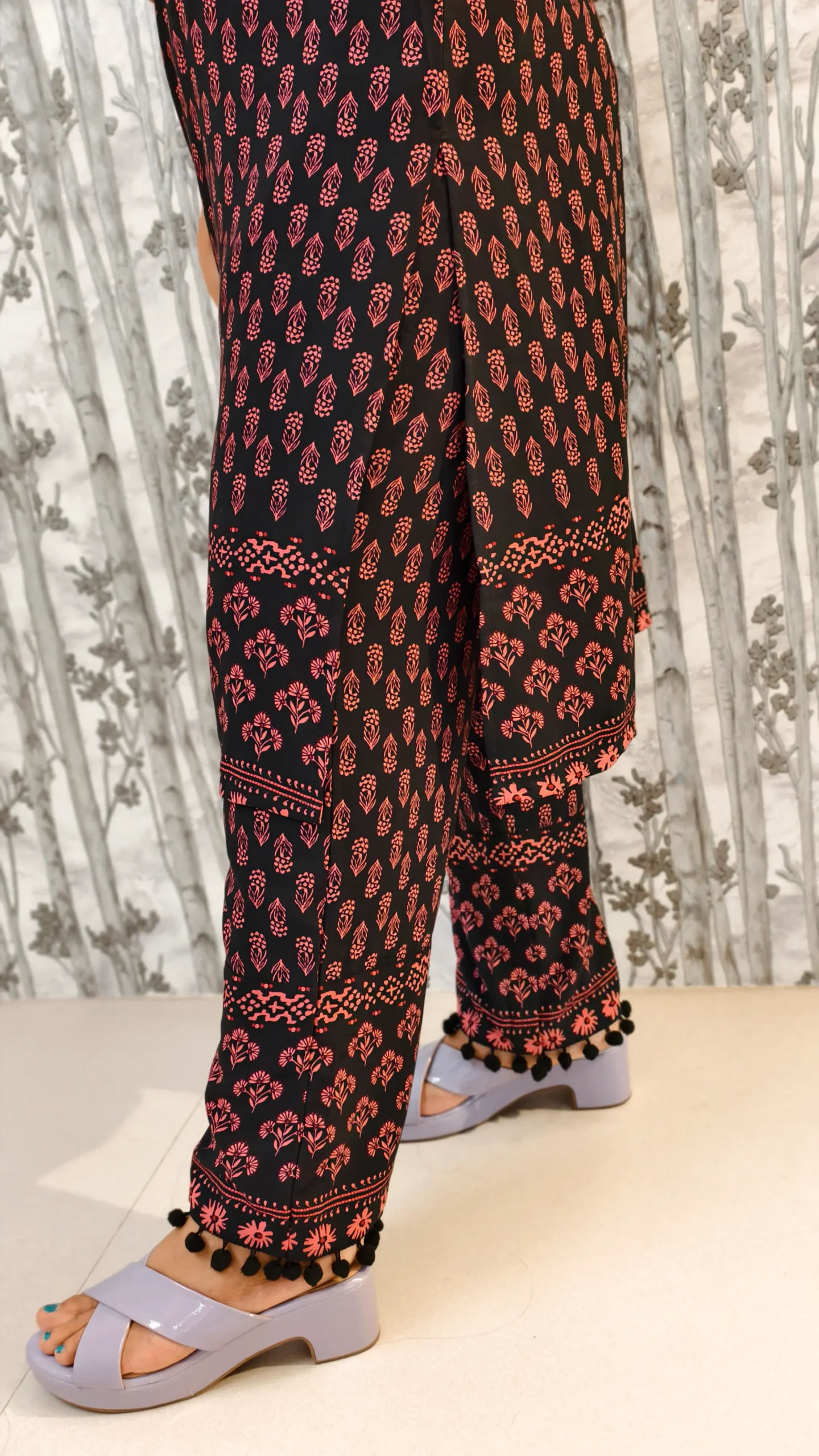 Black Rayon Co-ord Set with Border Accents & Pom Pom Hem