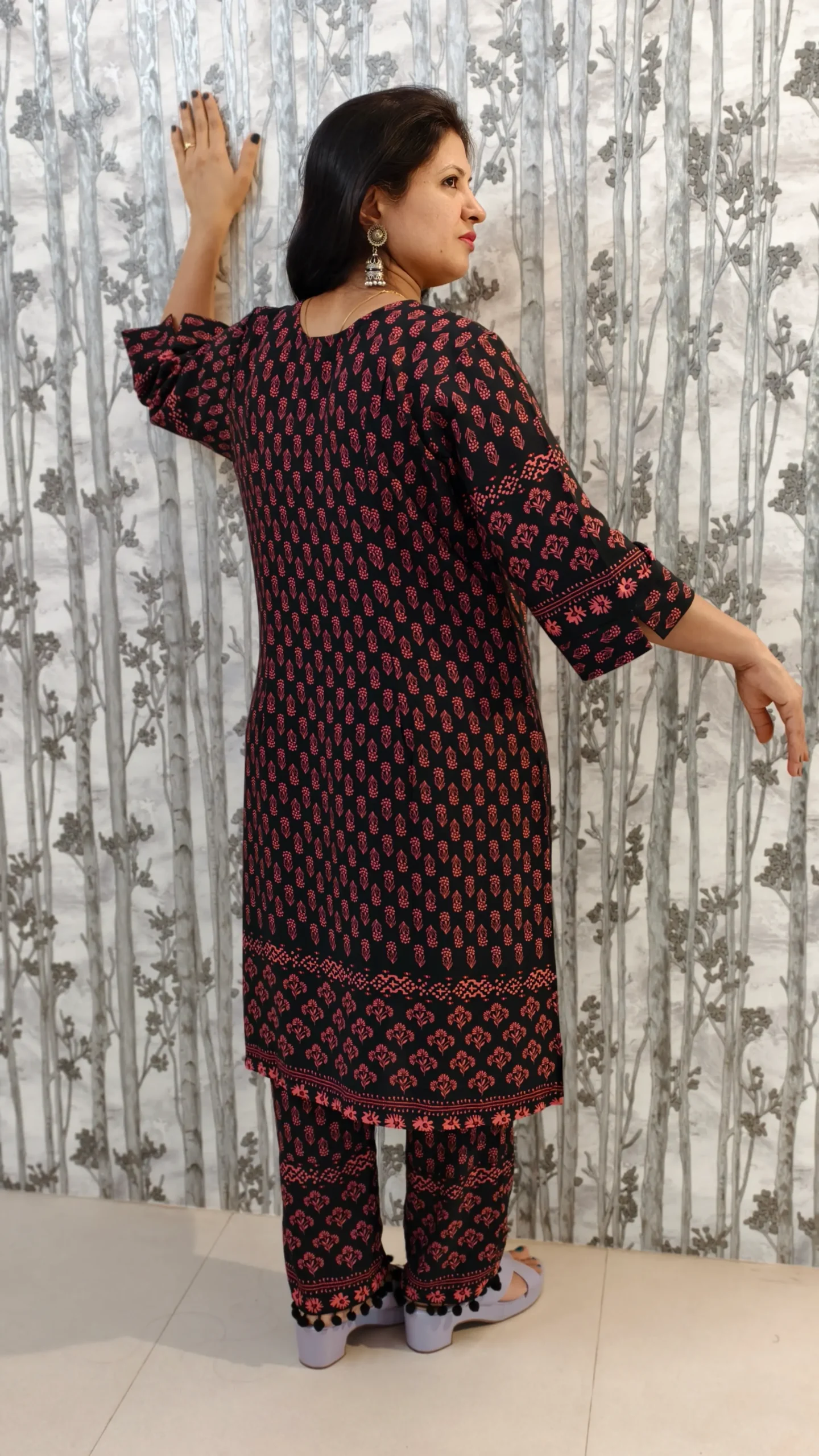 Black Rayon Co-ord Set with Border Accents & Pom Pom Hem