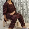 Black Rayon Co-ord Set with Border Accents & Pom Pom Hem