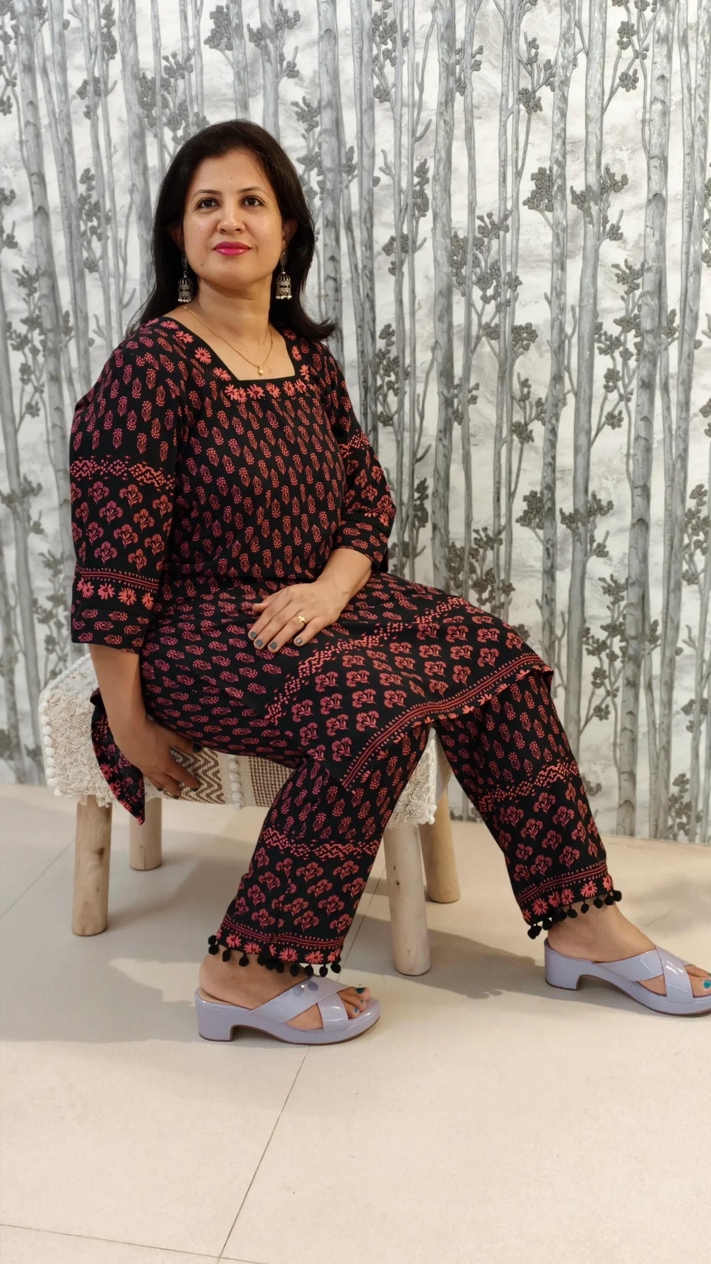 Black Rayon Co-ord Set with Border Accents & Pom Pom Hem
