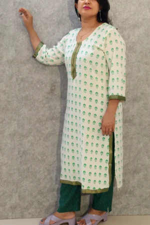 Off-White & Green Cotton Rayon Kurti Pant Set – Nine2Five Plus