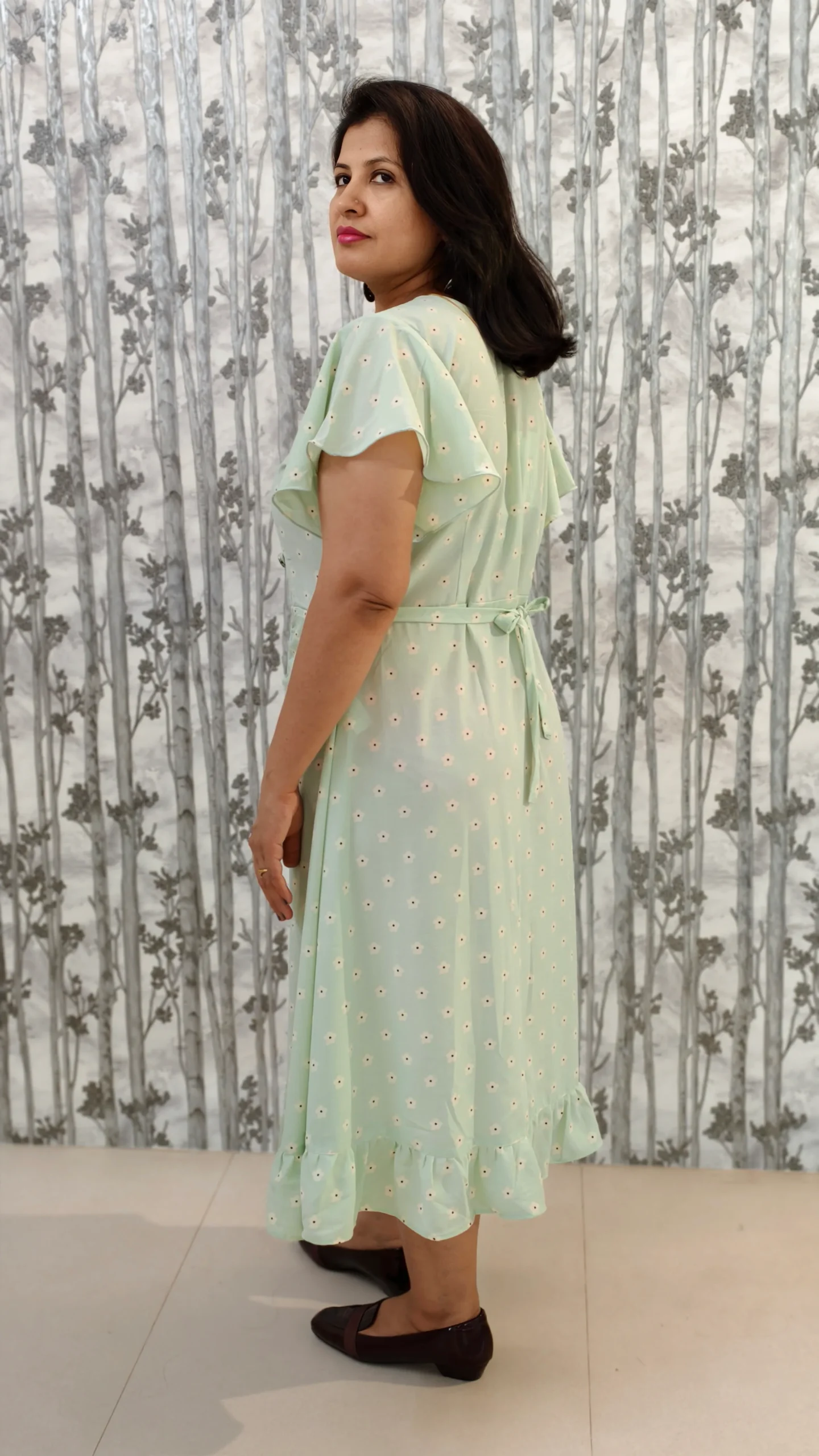Pastel Green Cross Frilled Midi Dress