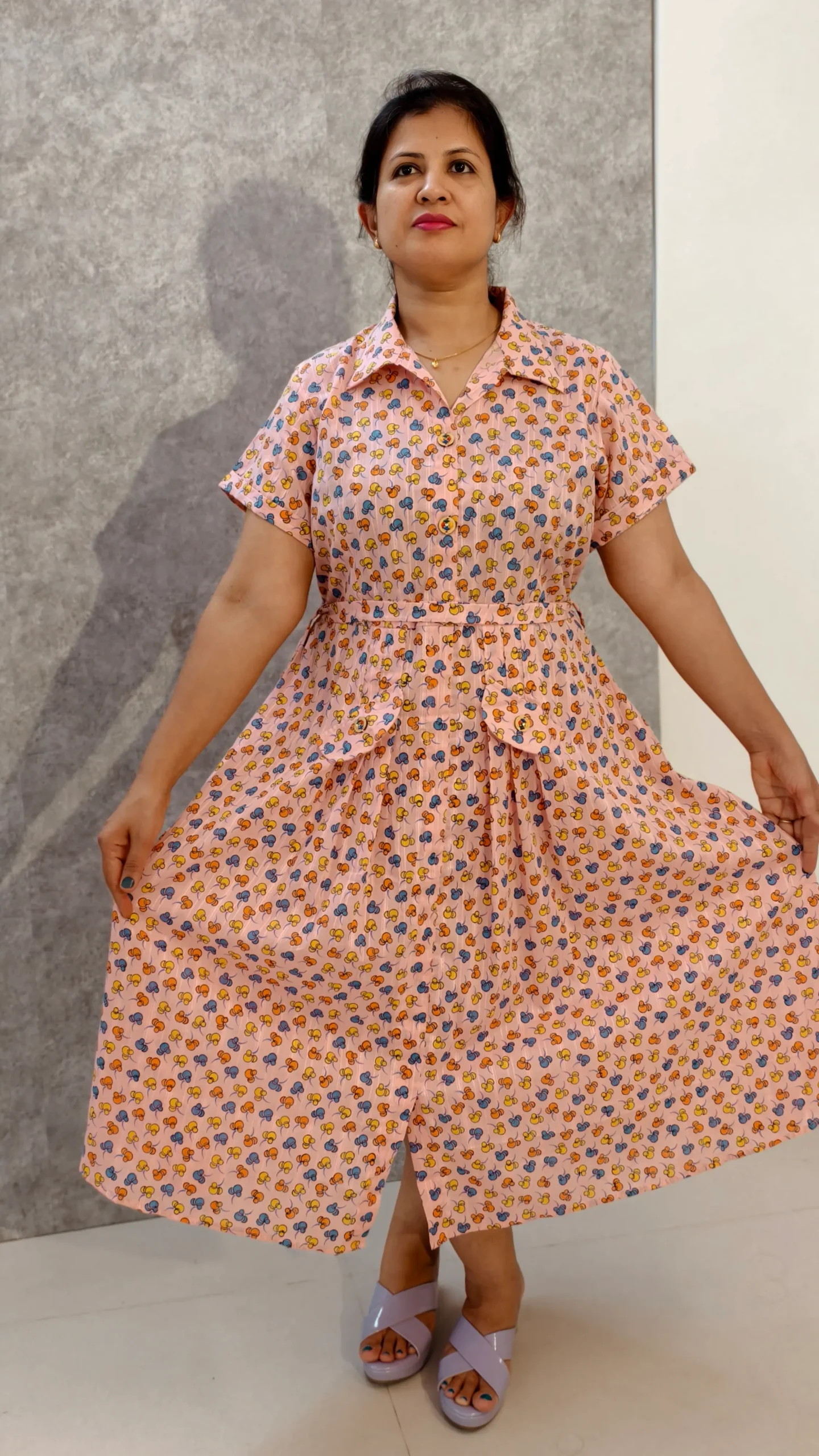 Pastel Pink Printed Cotton Midi Dress