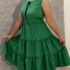 Green Tiered Dress with Tassel Tie-Up
