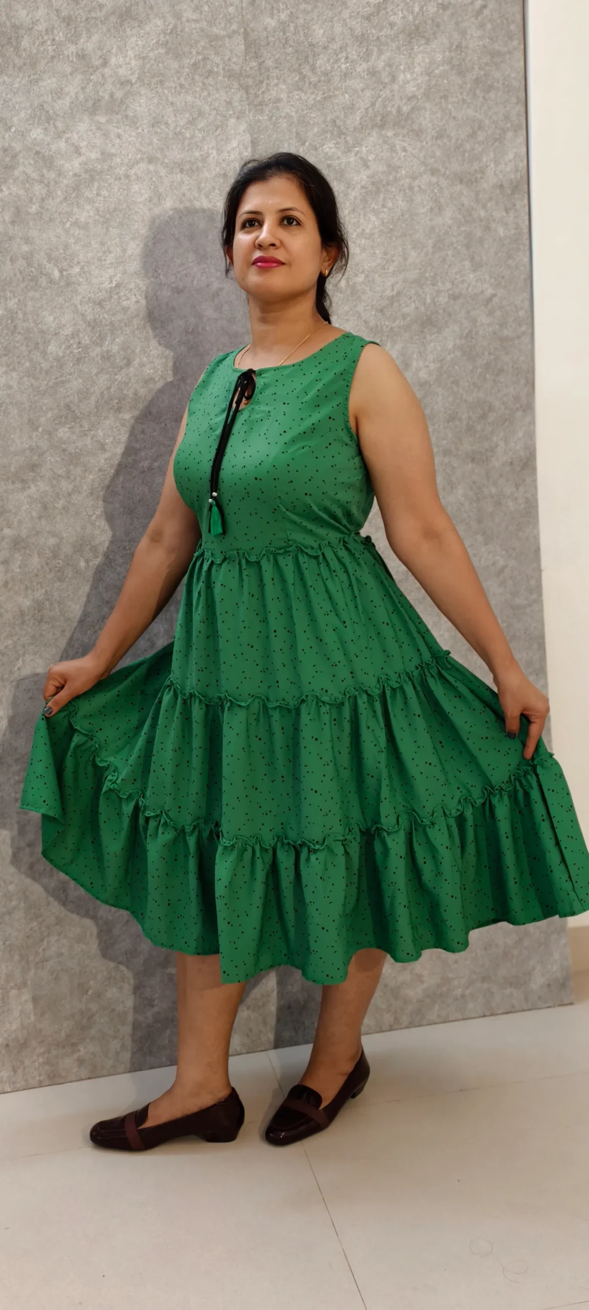 Green Tiered Dress with Tassel Tie-Up