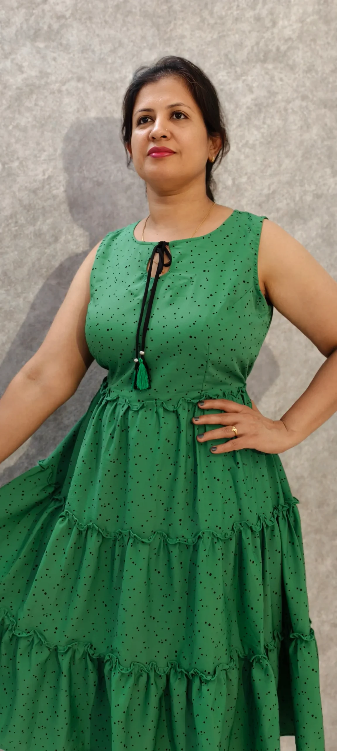 Green Tiered Dress with Tassel Tie-Up
