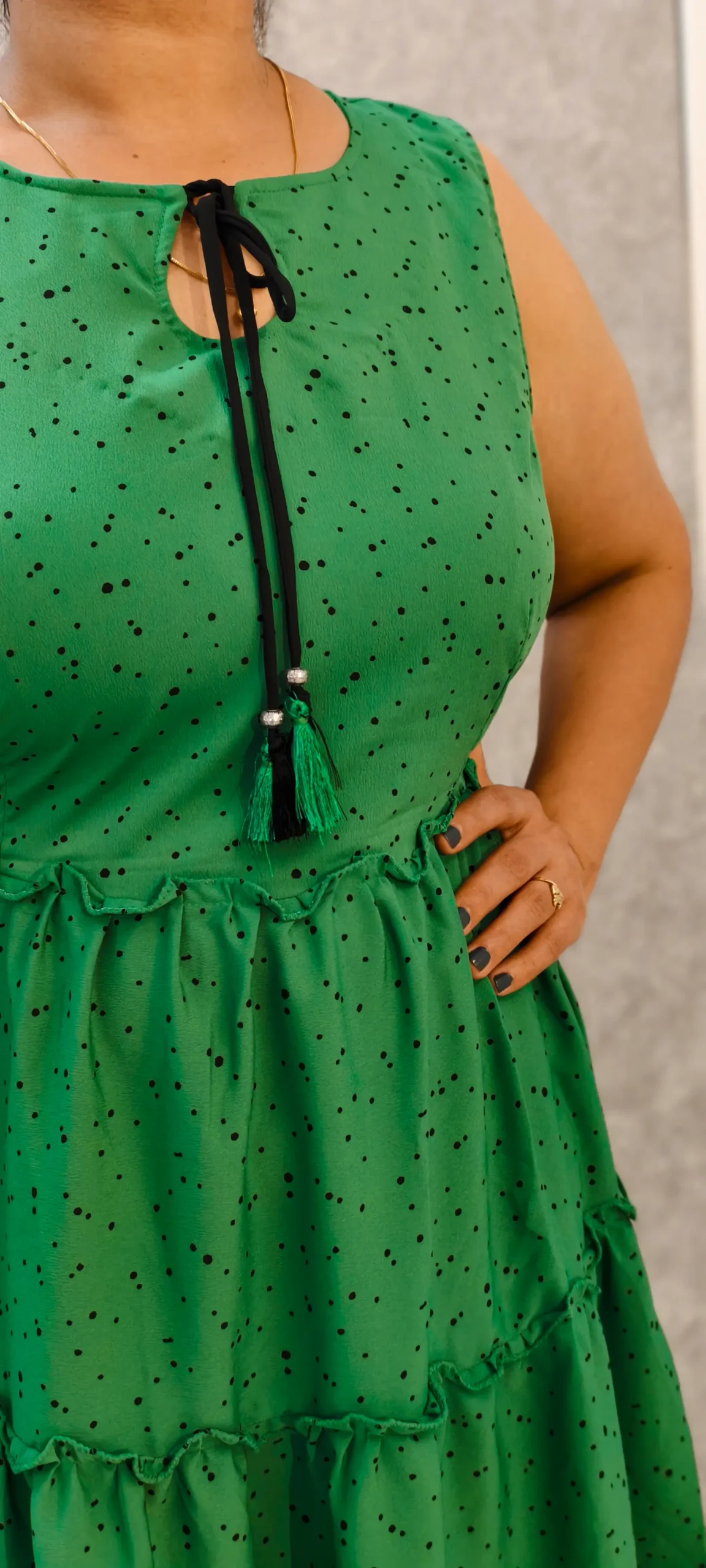 Green Tiered Dress with Tassel Tie-Up