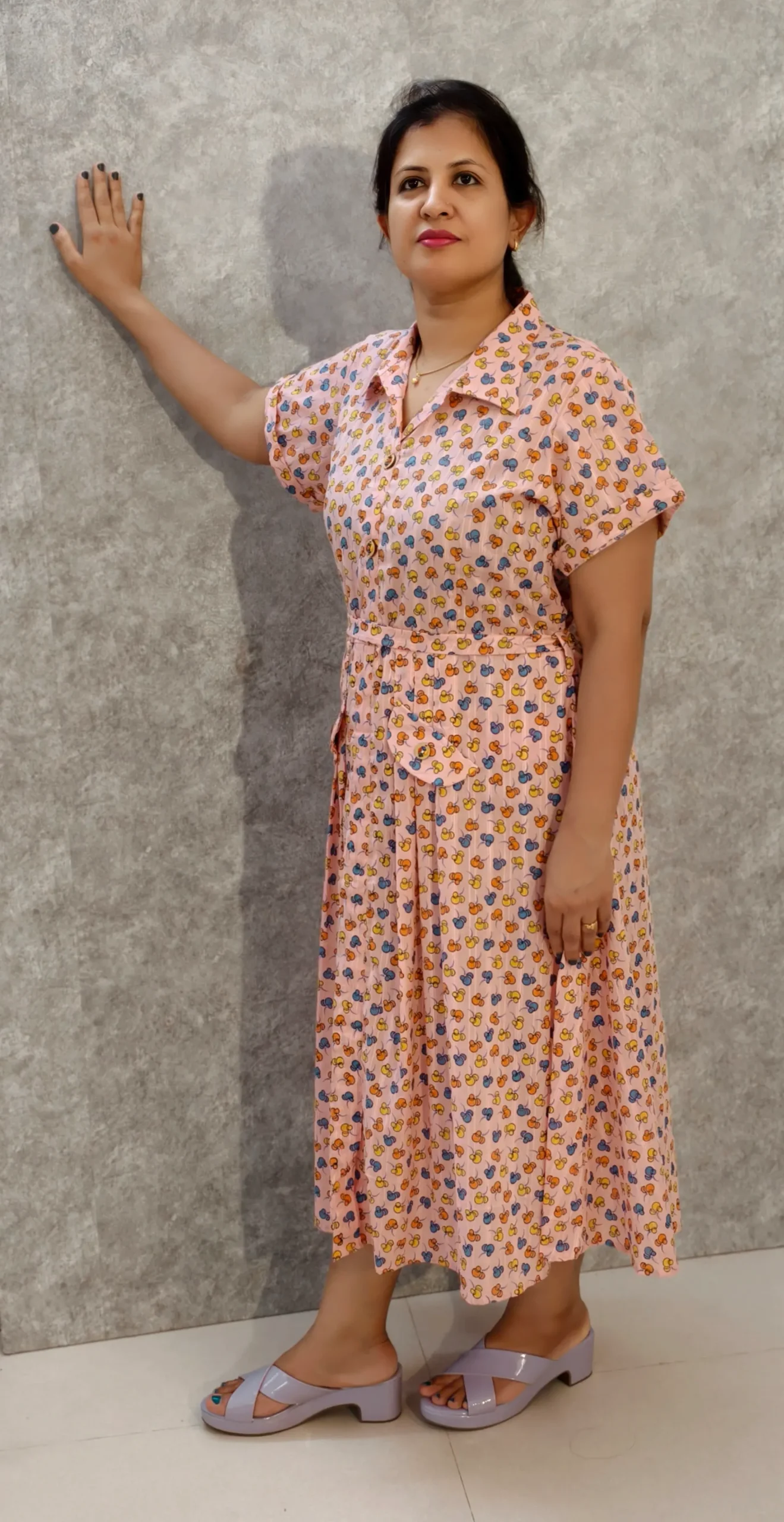 Pastel Pink Printed Cotton Midi Dress